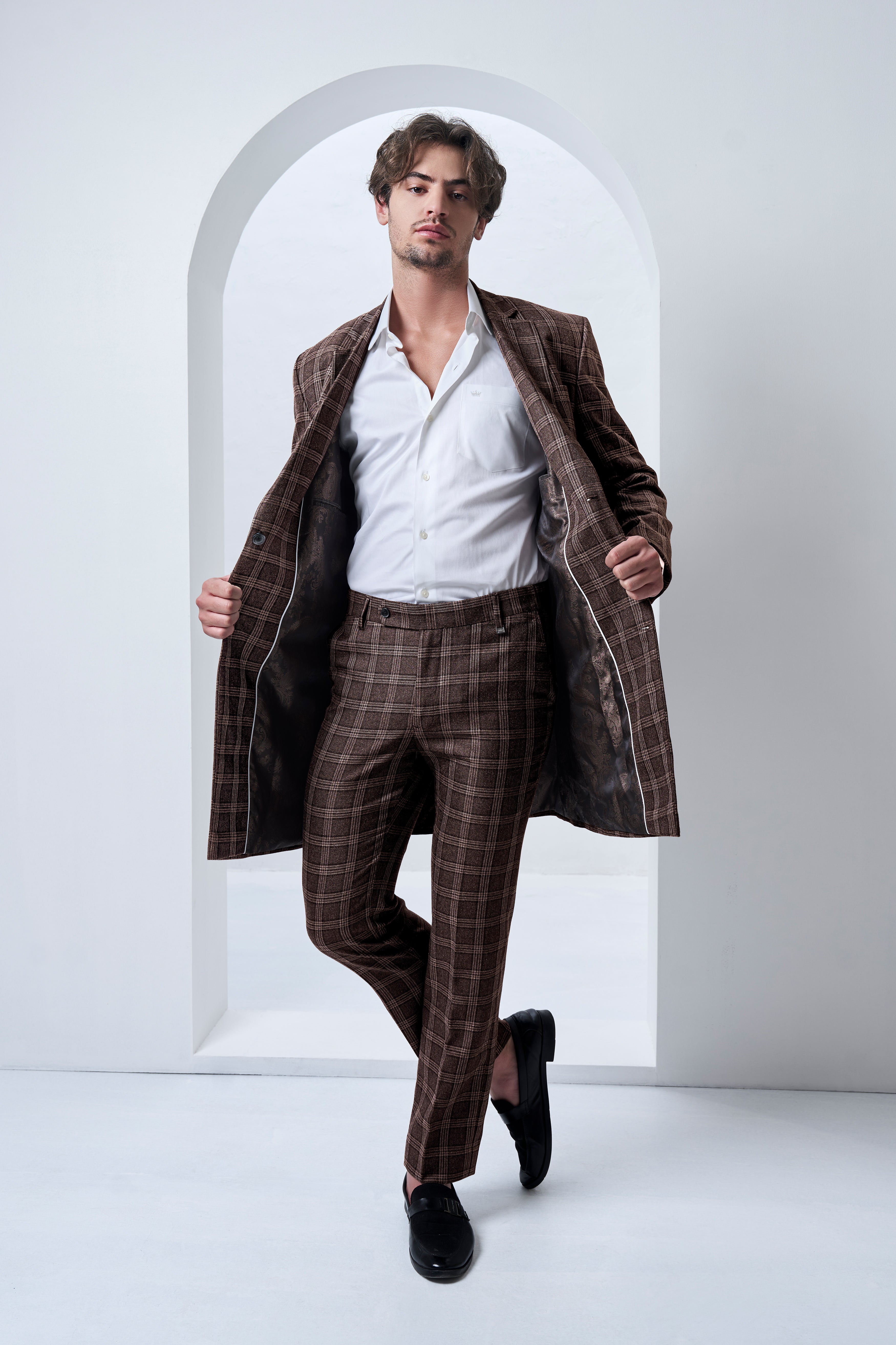 Eclenzo-Eclipse Brown Plaid Tweed Single Breasted Overcoat With Pant