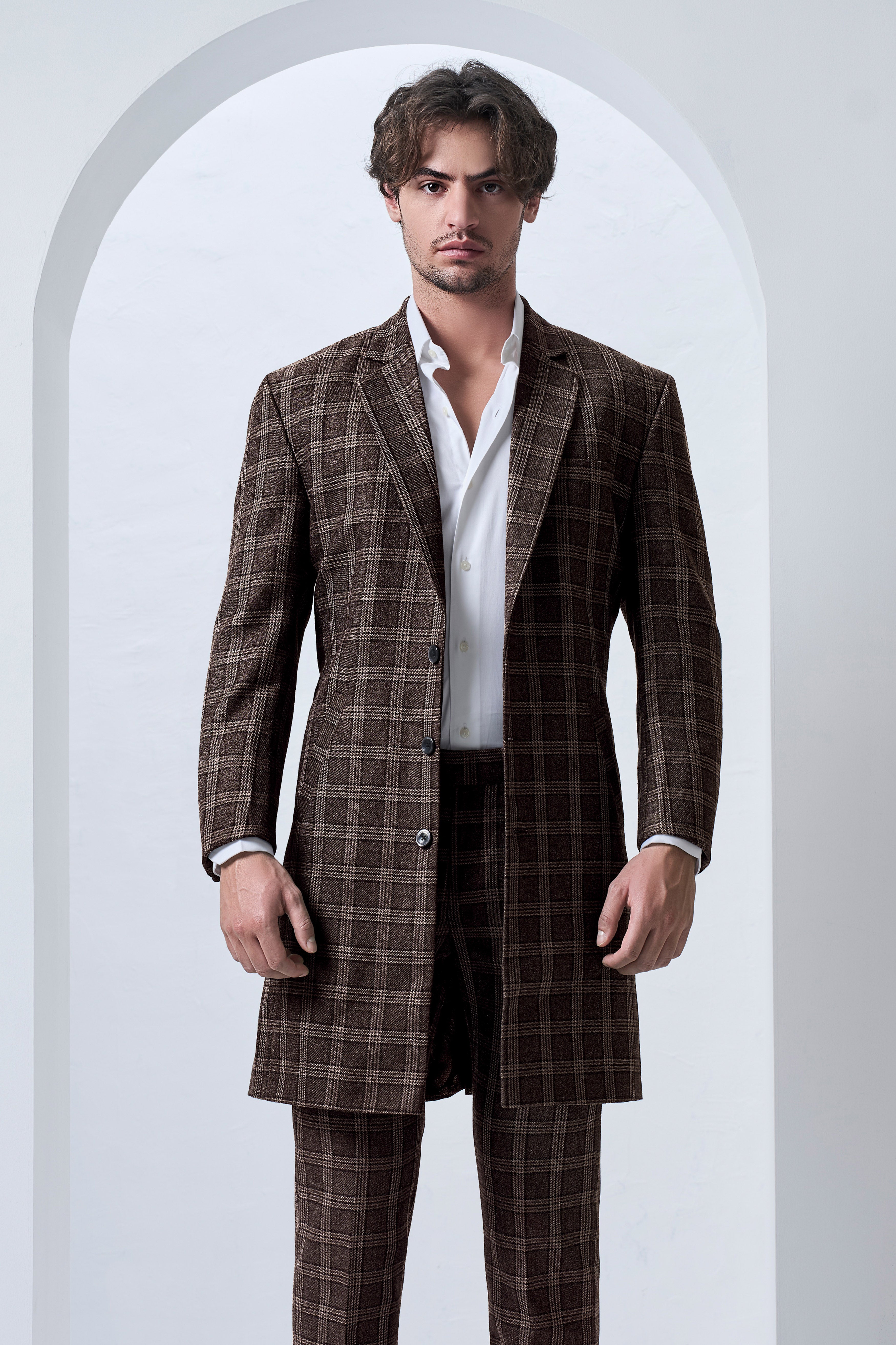 Eclenzo-Eclipse Brown Plaid Tweed Single Breasted Overcoat With Pant