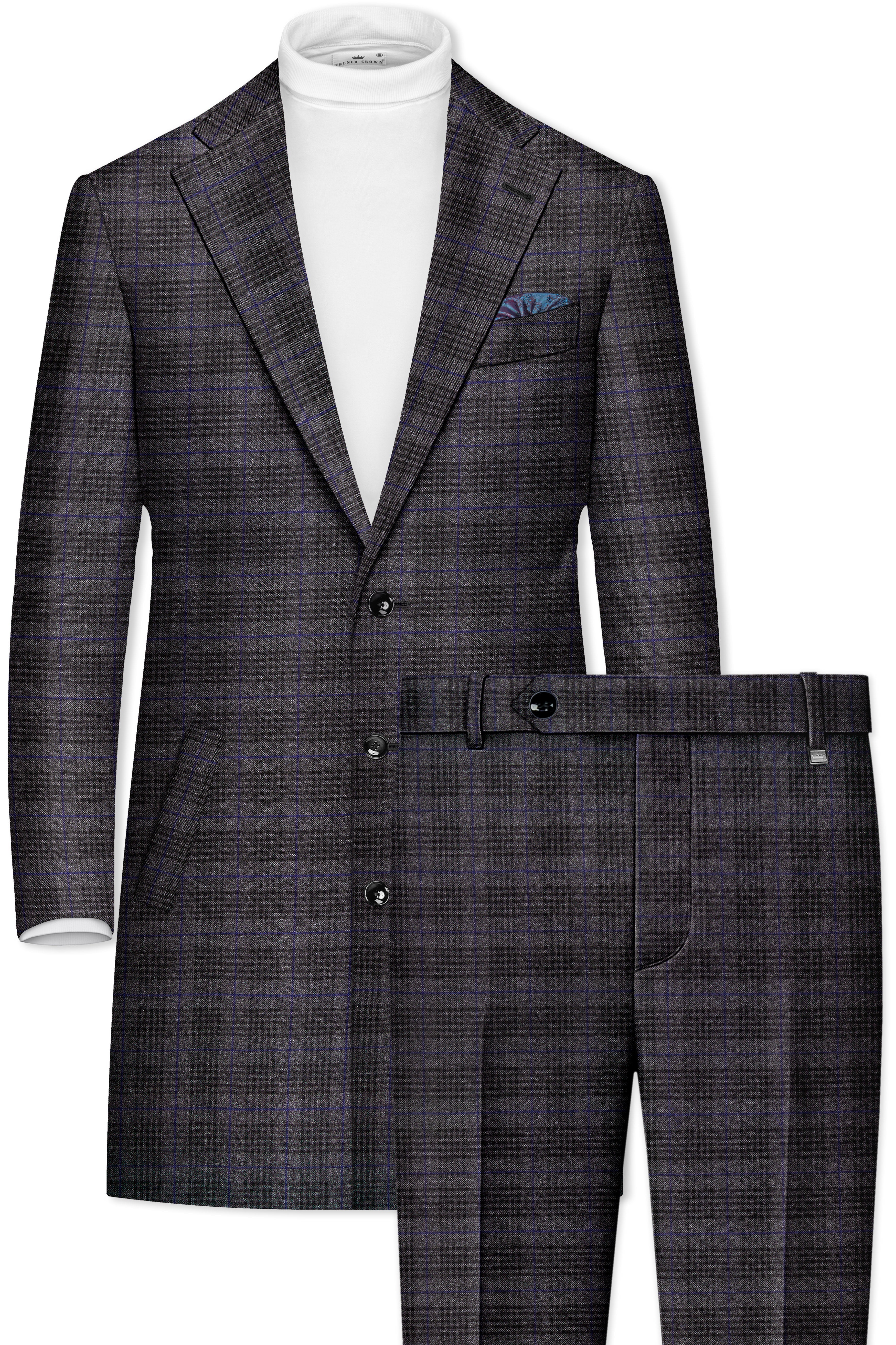 Cinerro-Shark Gray Plaid Tweed Single Breasted Trench Coat With Pant