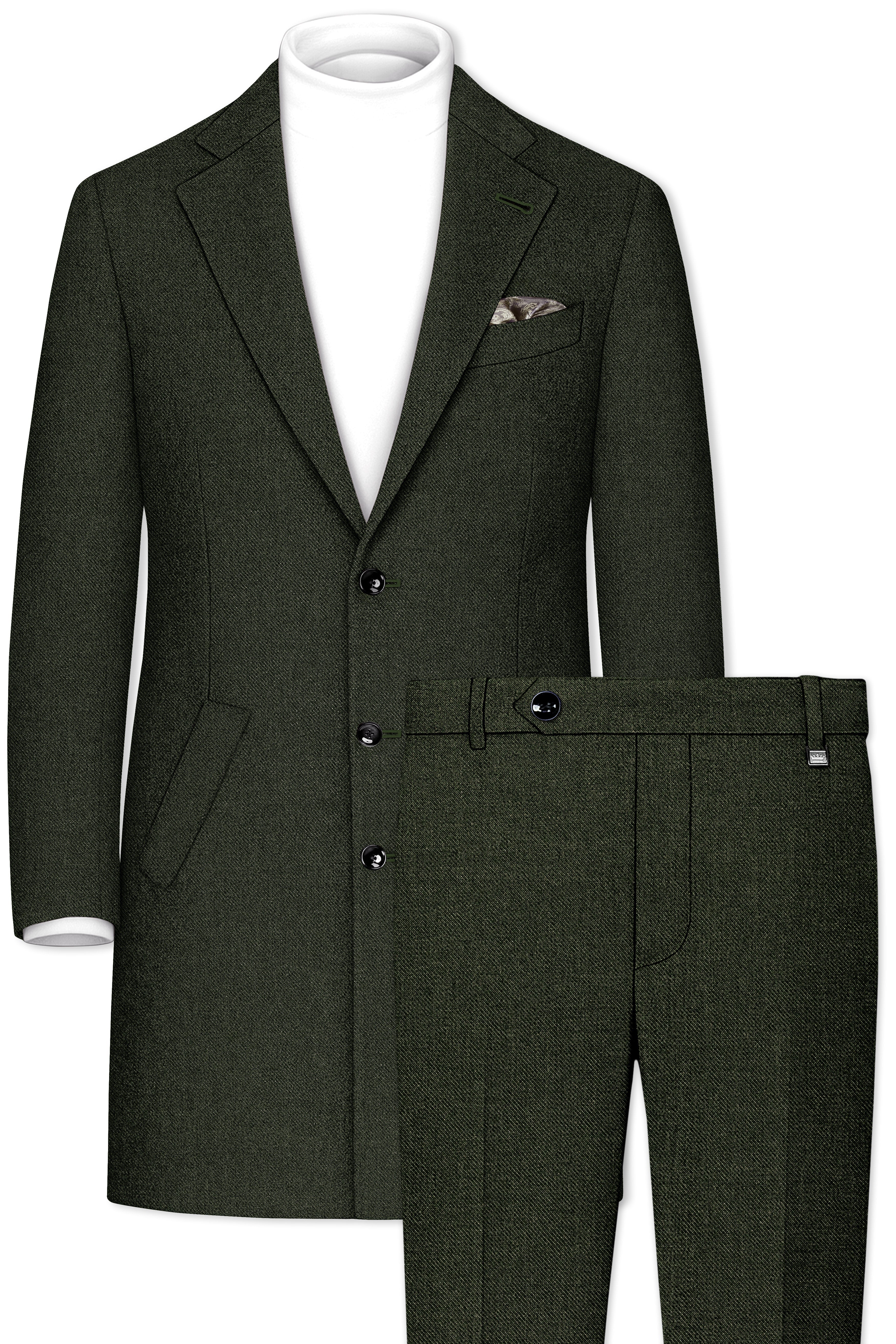 Olvoro-Rifle Green Textured Tweed Single Breasted Overcoat With Pant
