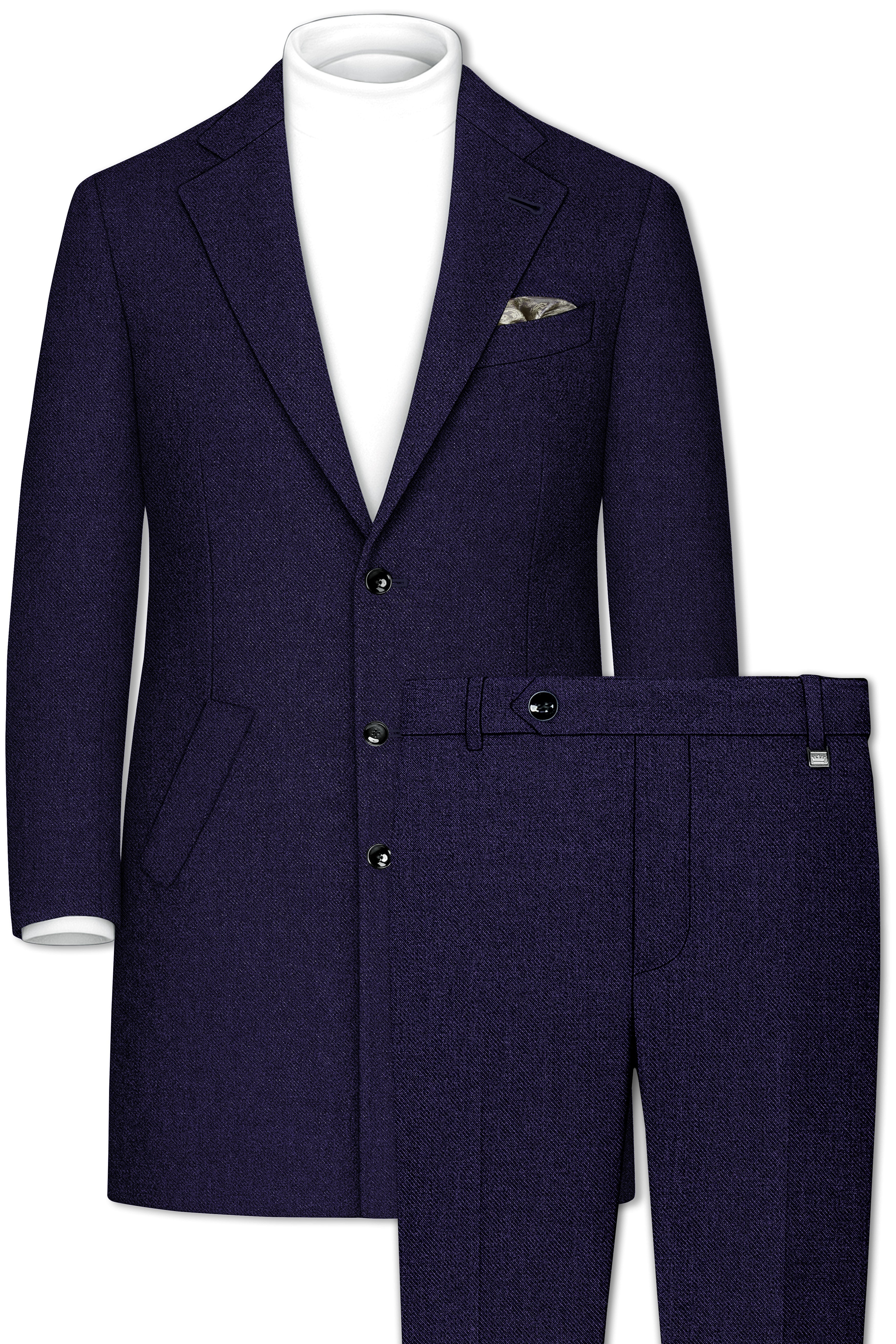 Bluvoro-Mirage Blue Textured Tweed Single Breasted Overcoat With Pant