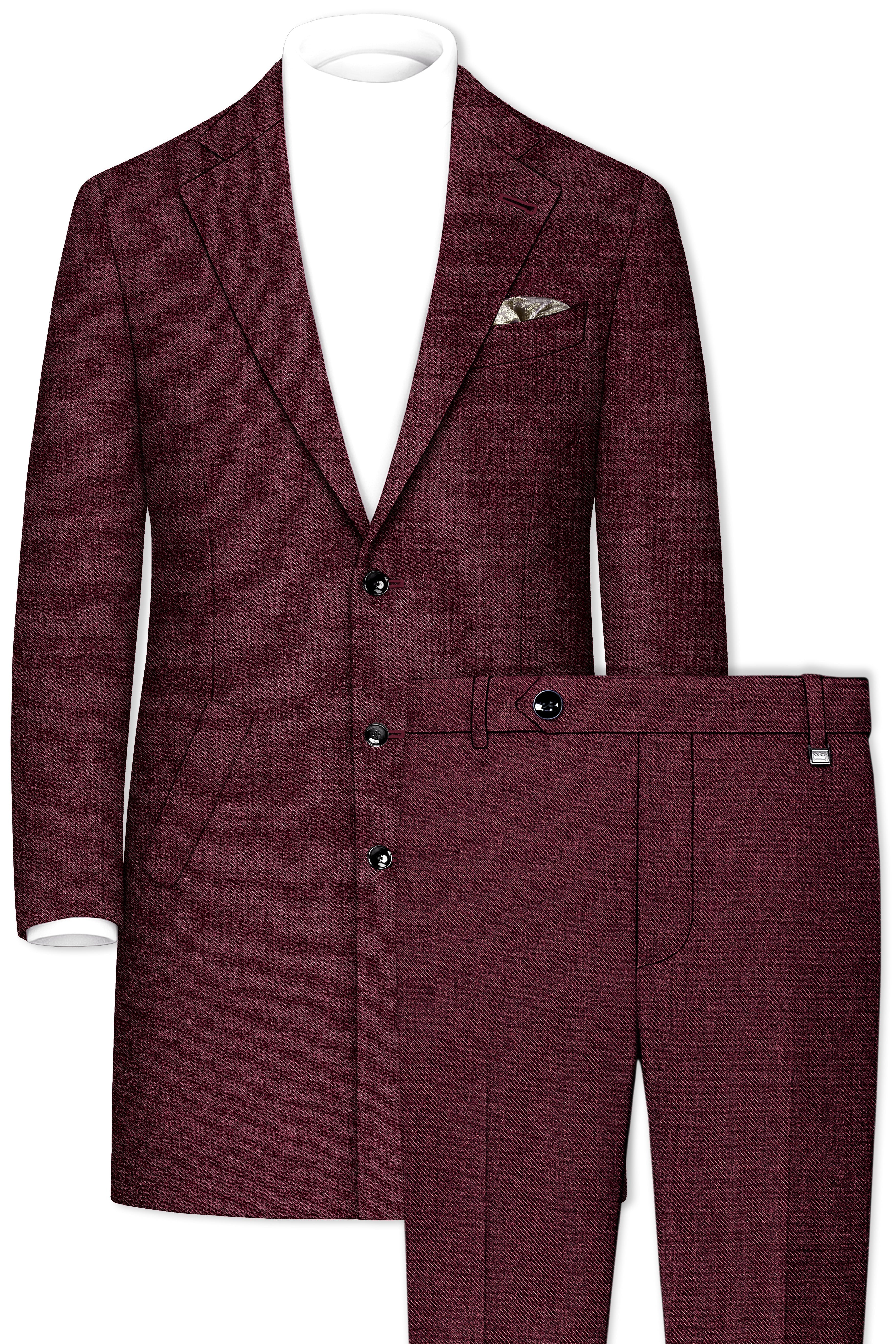 Burgvoro-Crated Maroon Textured Tweed Single Breasted Overcoat With Pant