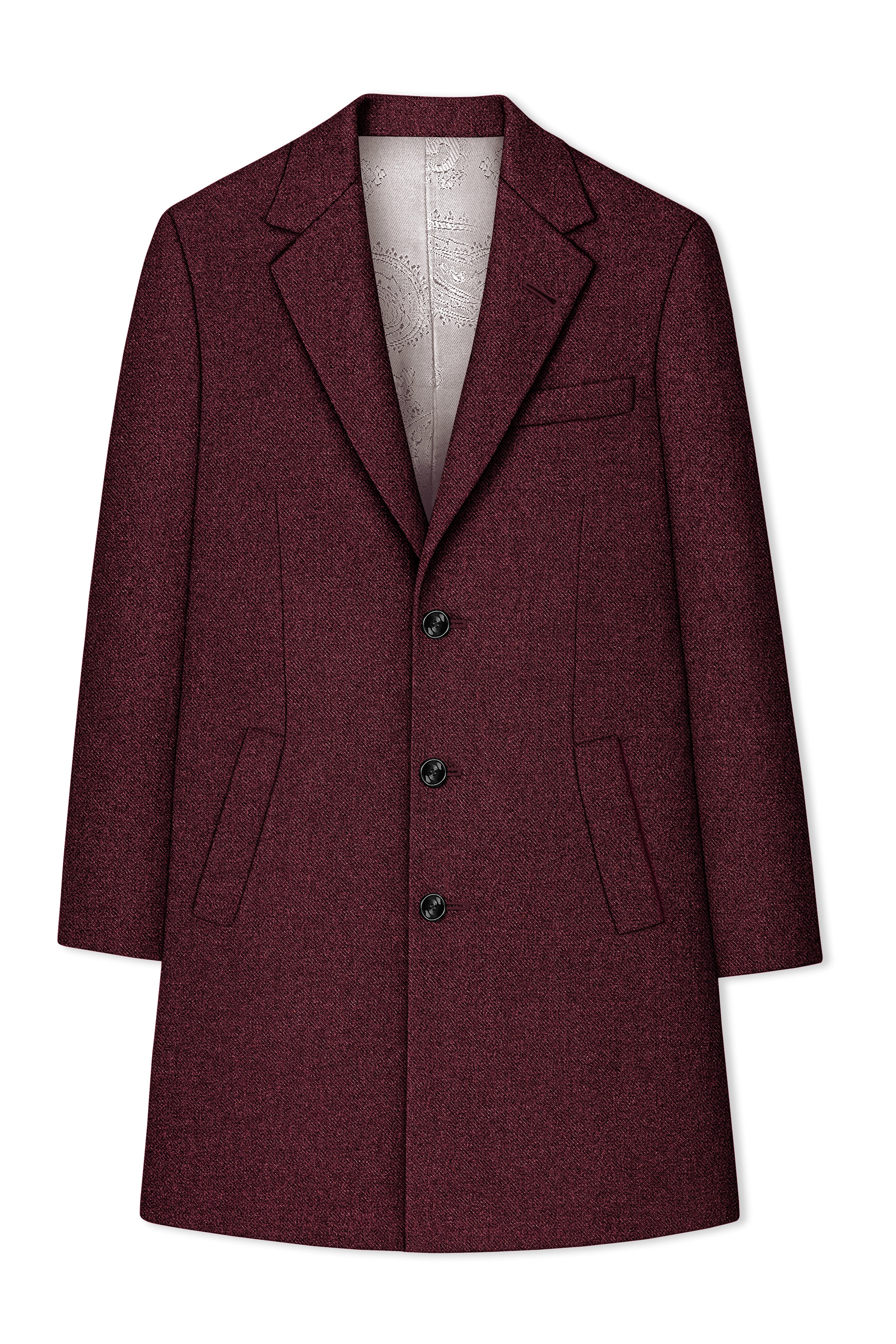 Burgvoro-Crated Maroon Textured Tweed Single Breasted Overcoat With Pant