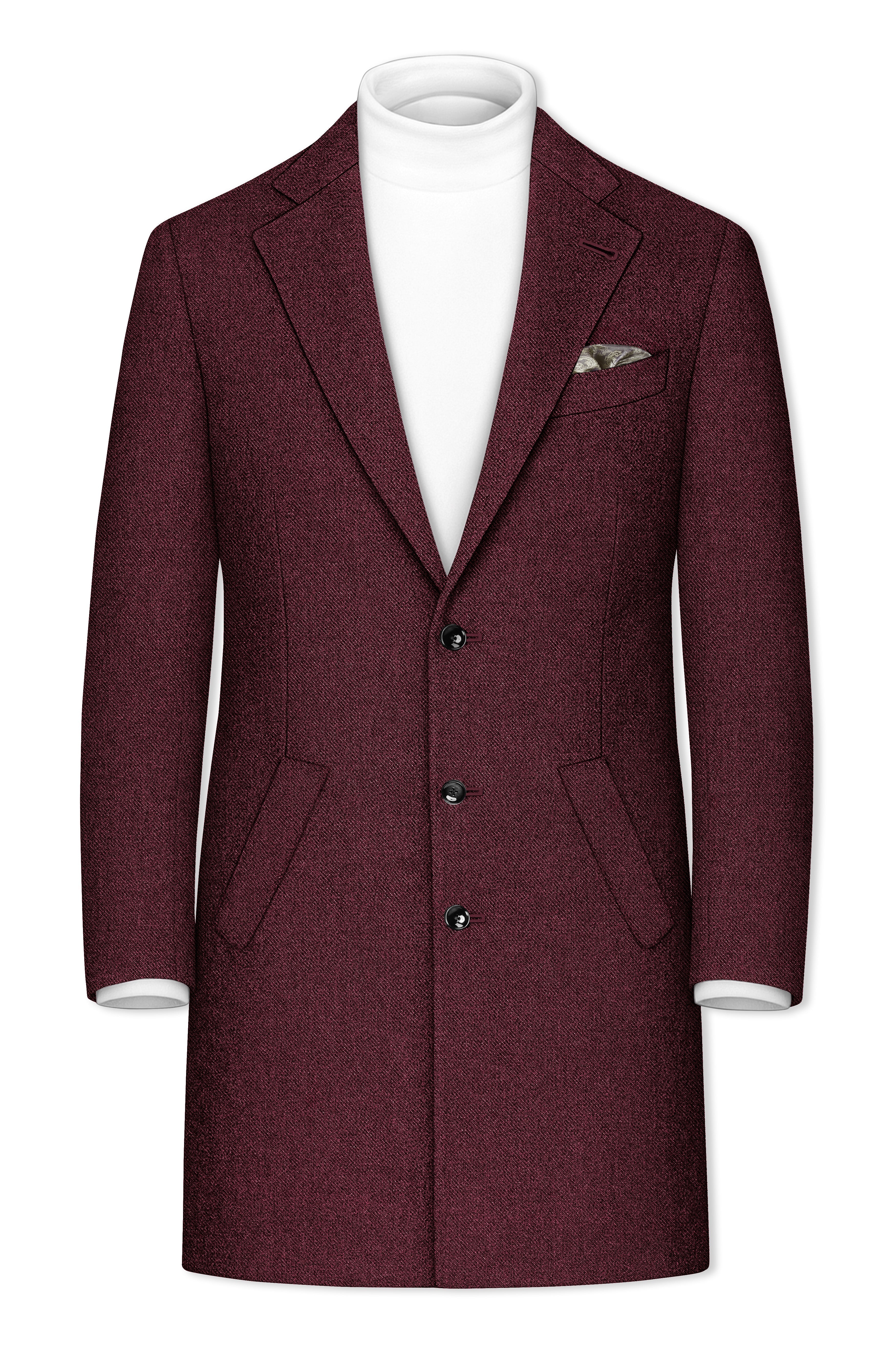 Burgvoro-Crated Maroon Textured Tweed Single Breasted Overcoat With Pant