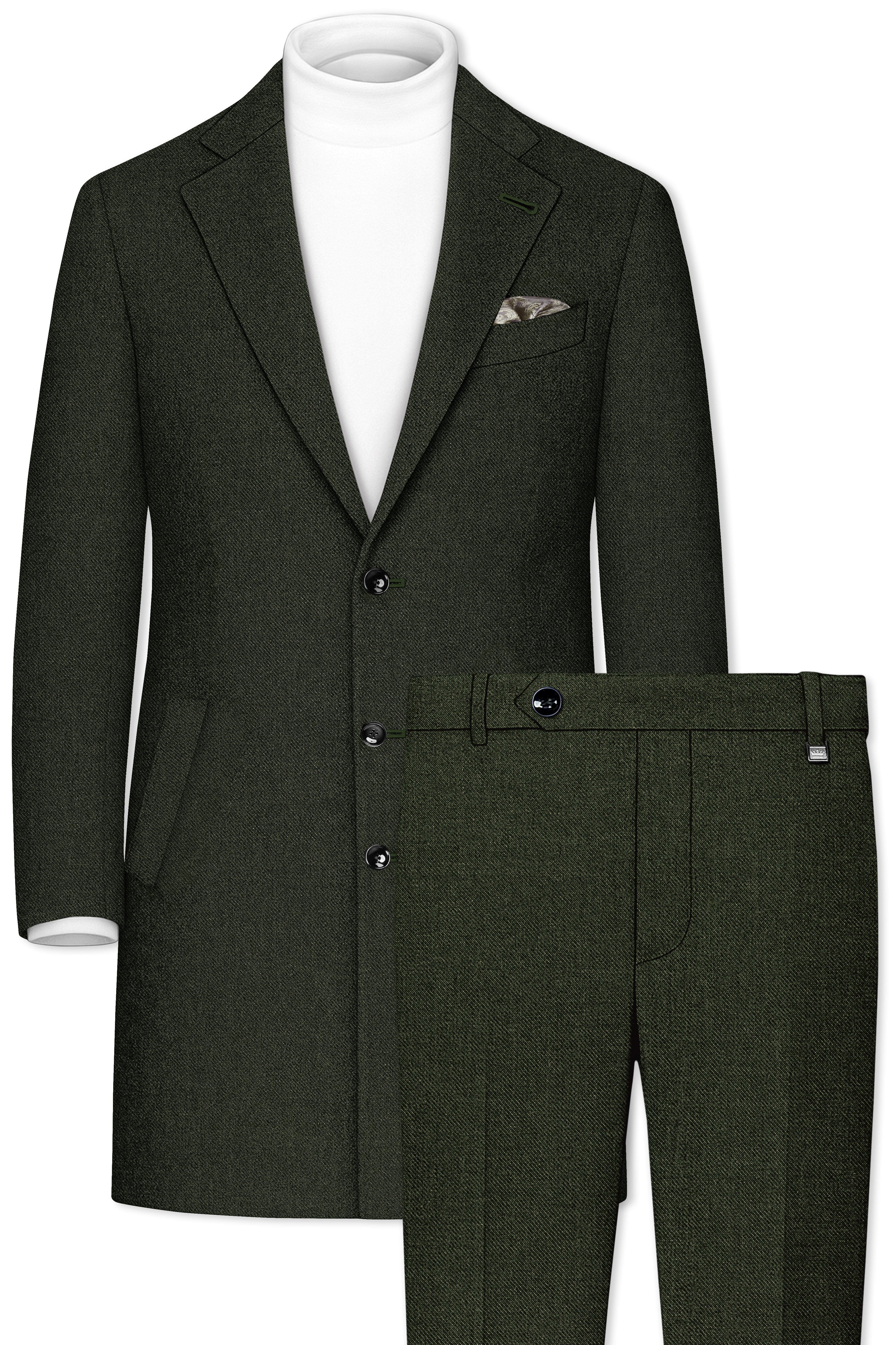 Virenza-Rangoon Green Textured Tweed Single Breasted Overcoat With Pant