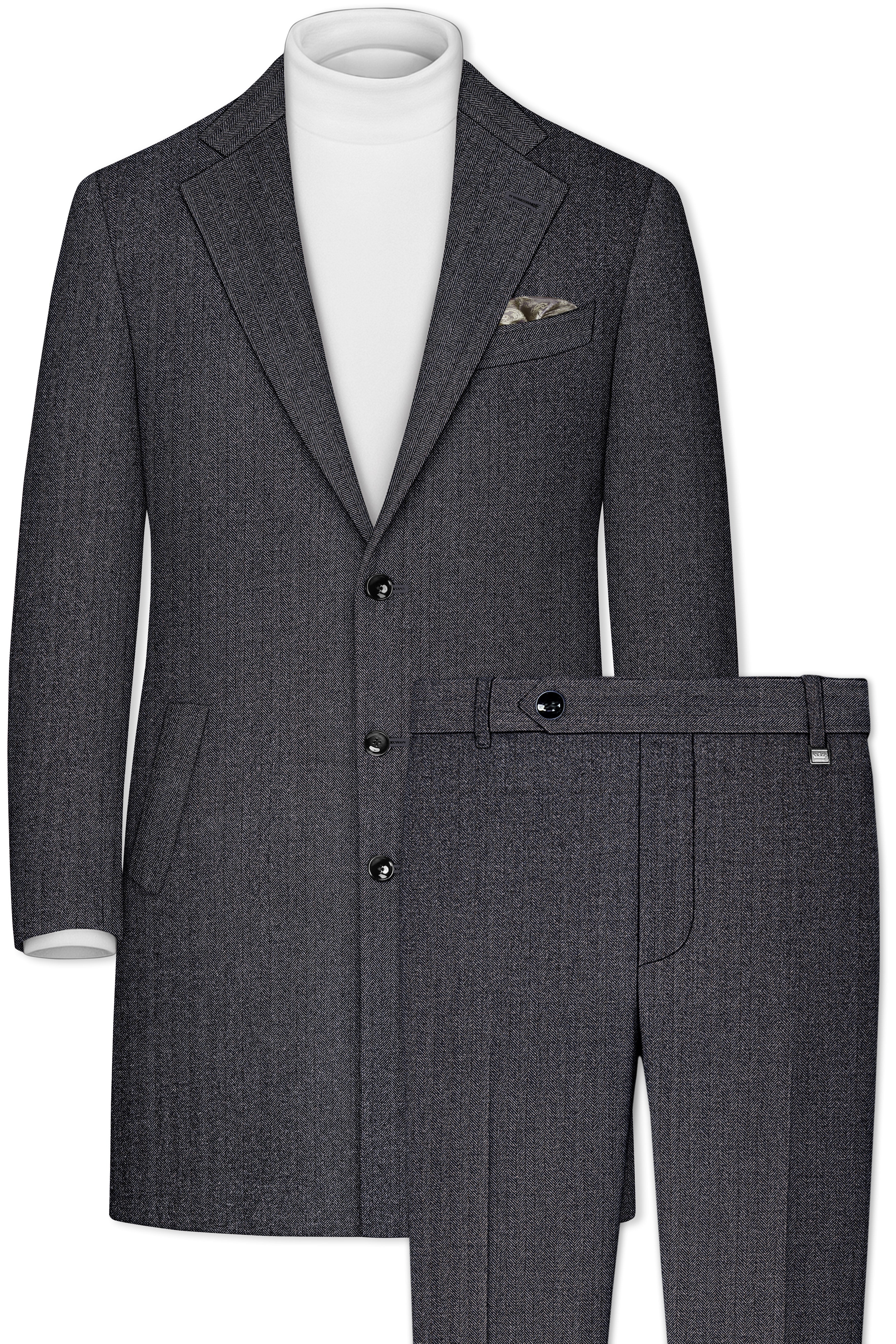 Silvoro-Iridium Gray Herringbone Textured Tweed Single Breasted Overcoat With Pant