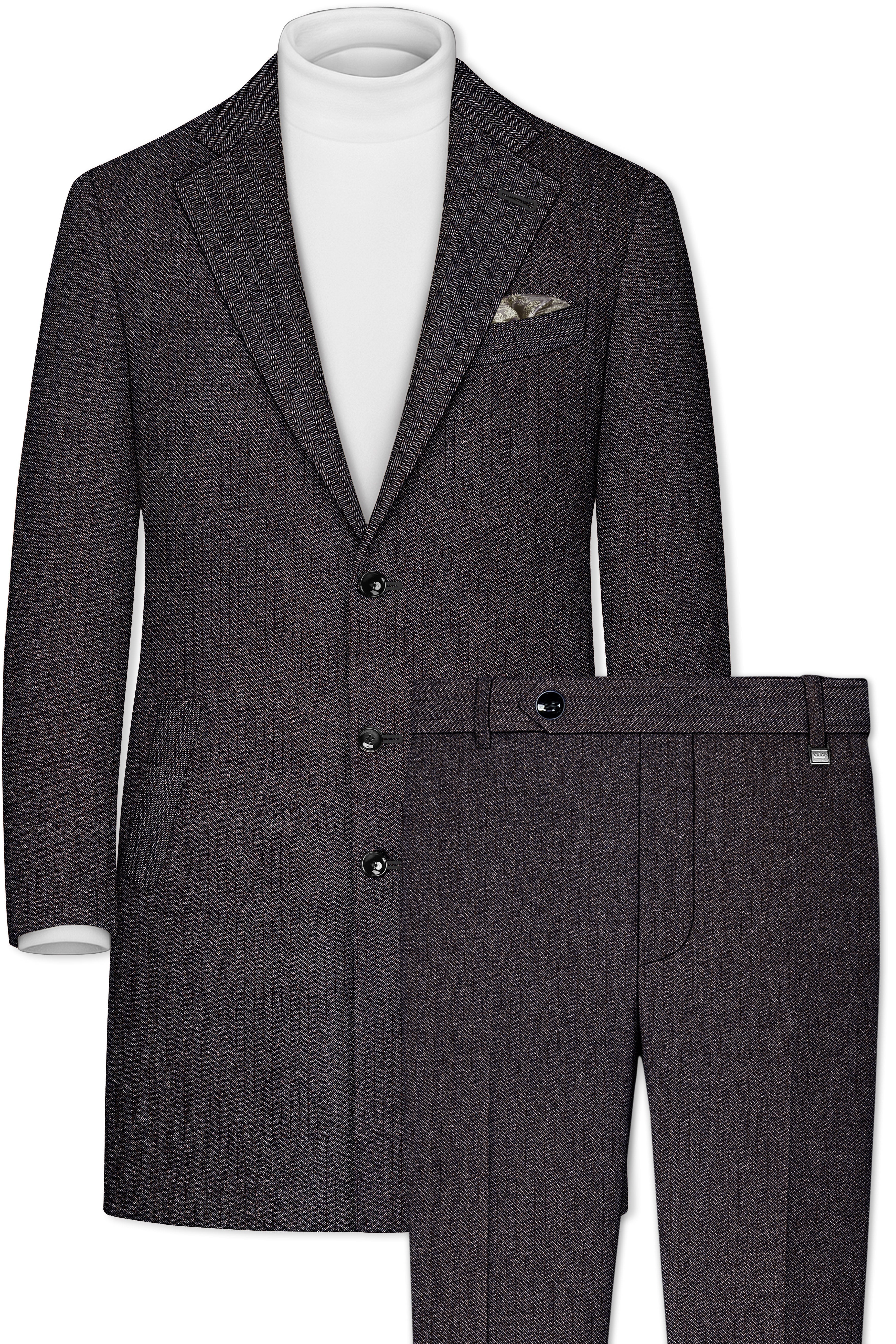 Aurezion-Zeus Brown Herringbone Textured Tweed Single Breasted Overcoat With Pant