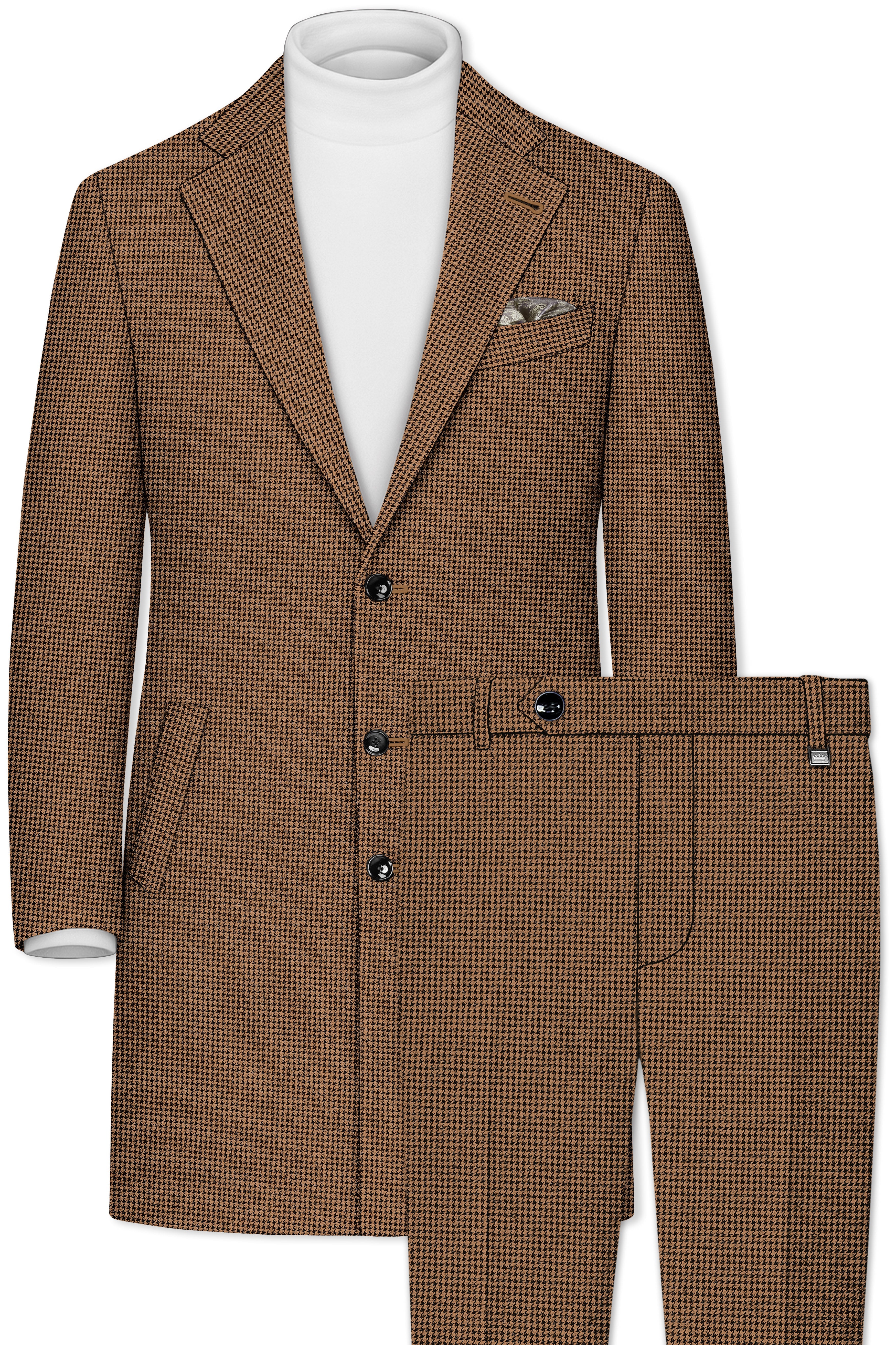 Regalis-Rope Brown Classic Houndstooth Textured Tweed Single Breasted Overcoat With Pant