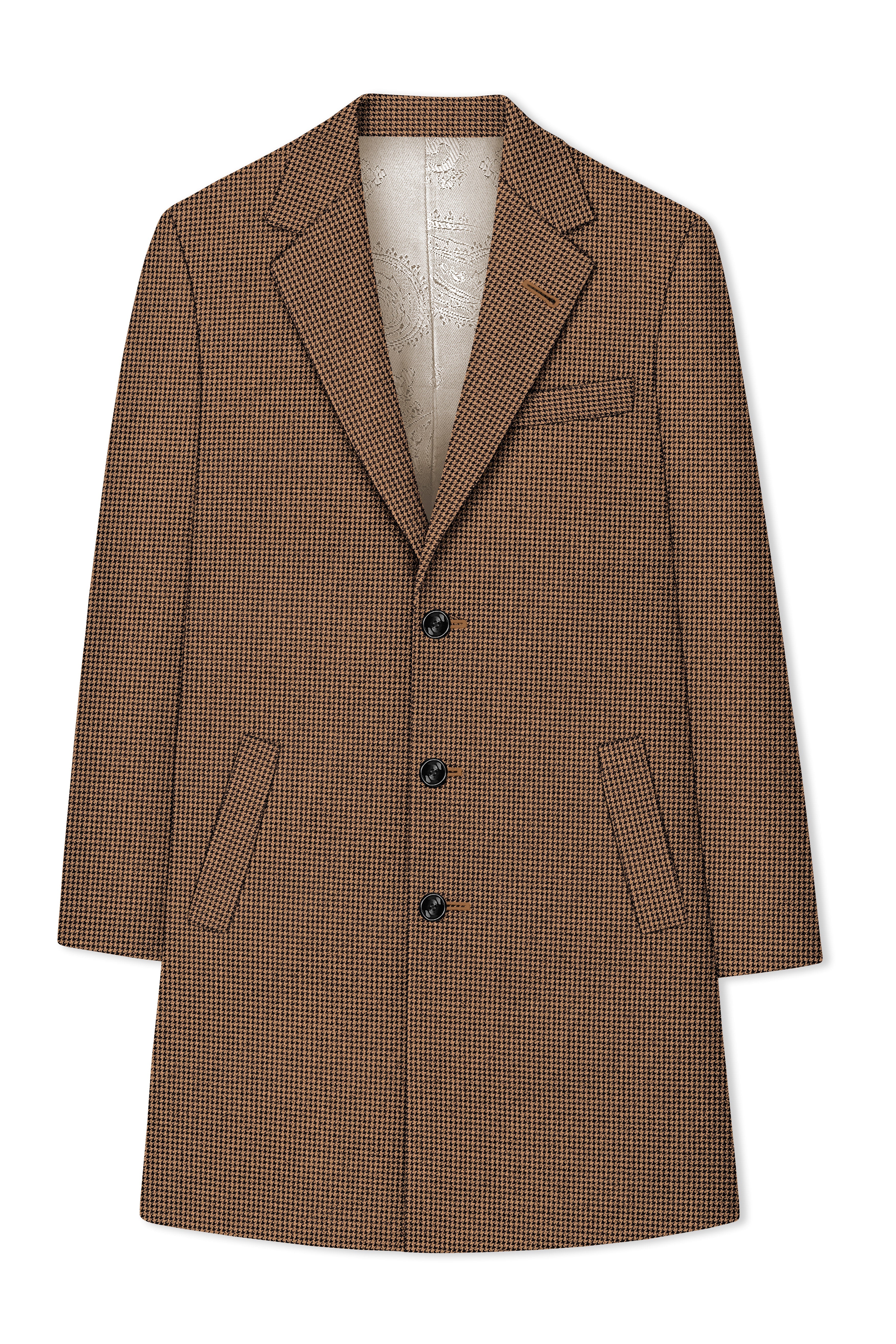Regalis-Rope Brown Classic Houndstooth Textured Tweed Single Breasted Overcoat With Pant