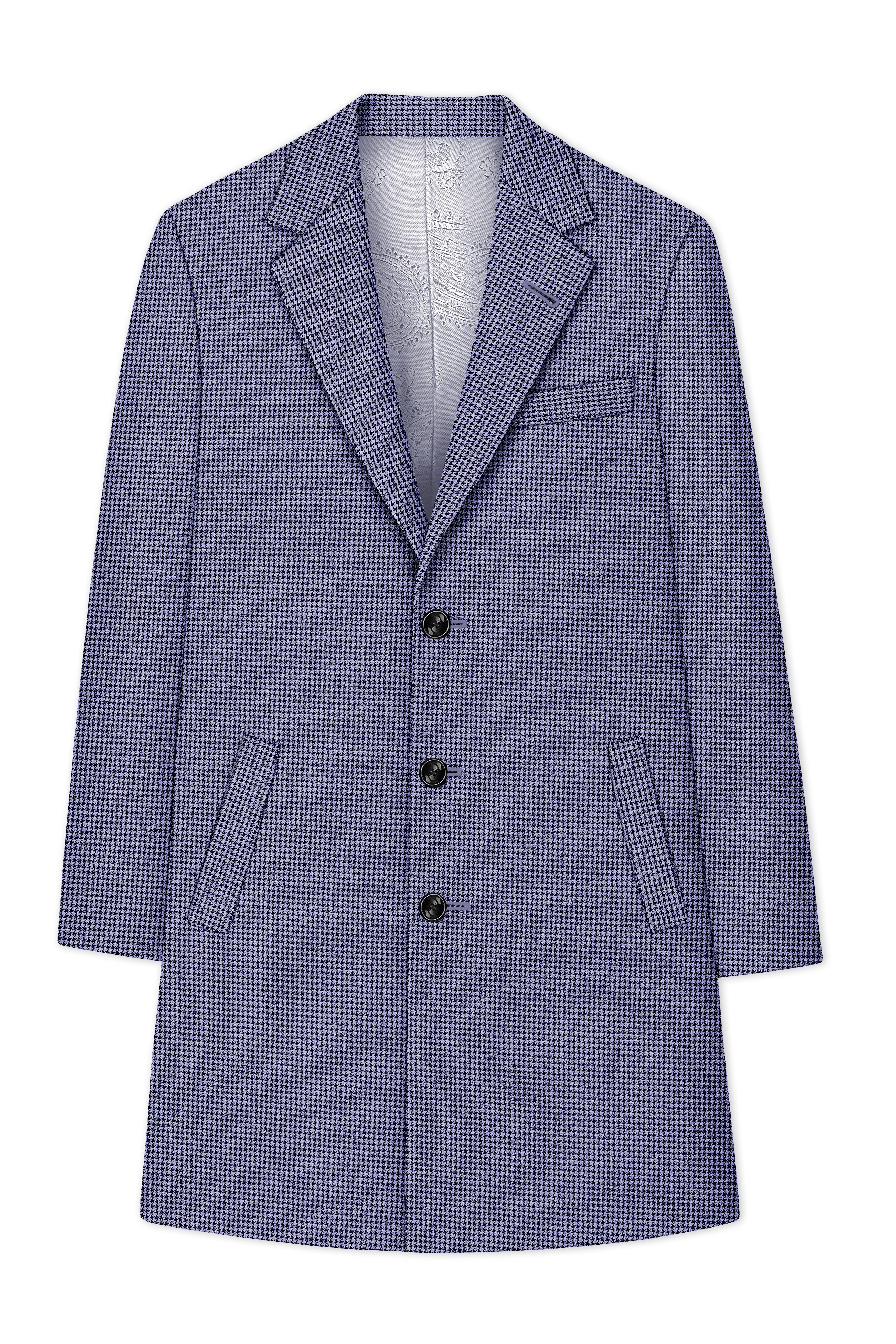 Dusk-Mulled Blue Classic Houndstooth Textured Tweed Single Breasted Overcoat With Pant