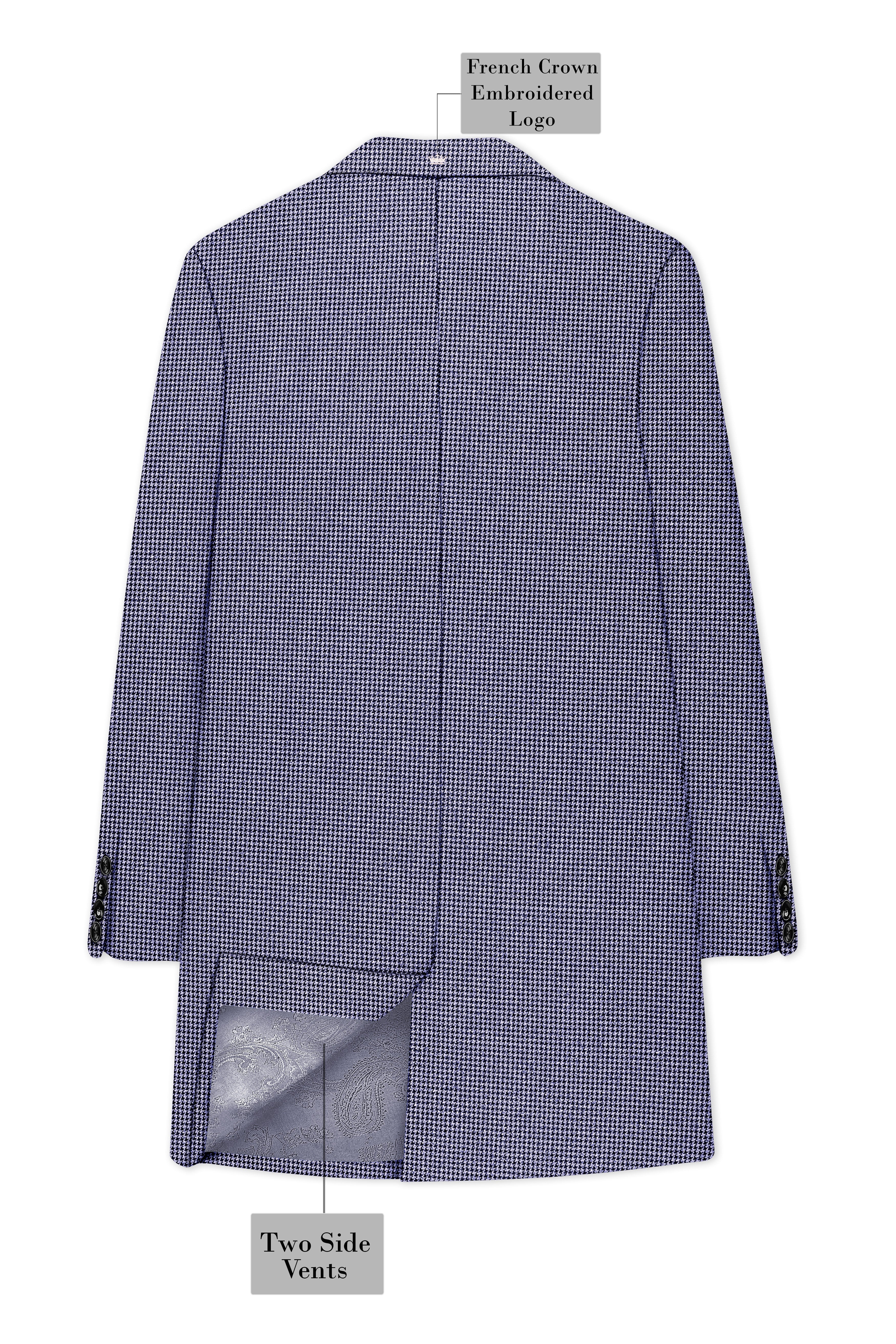Dusk-Mulled Blue Classic Houndstooth Textured Tweed Single Breasted Overcoat With Pant