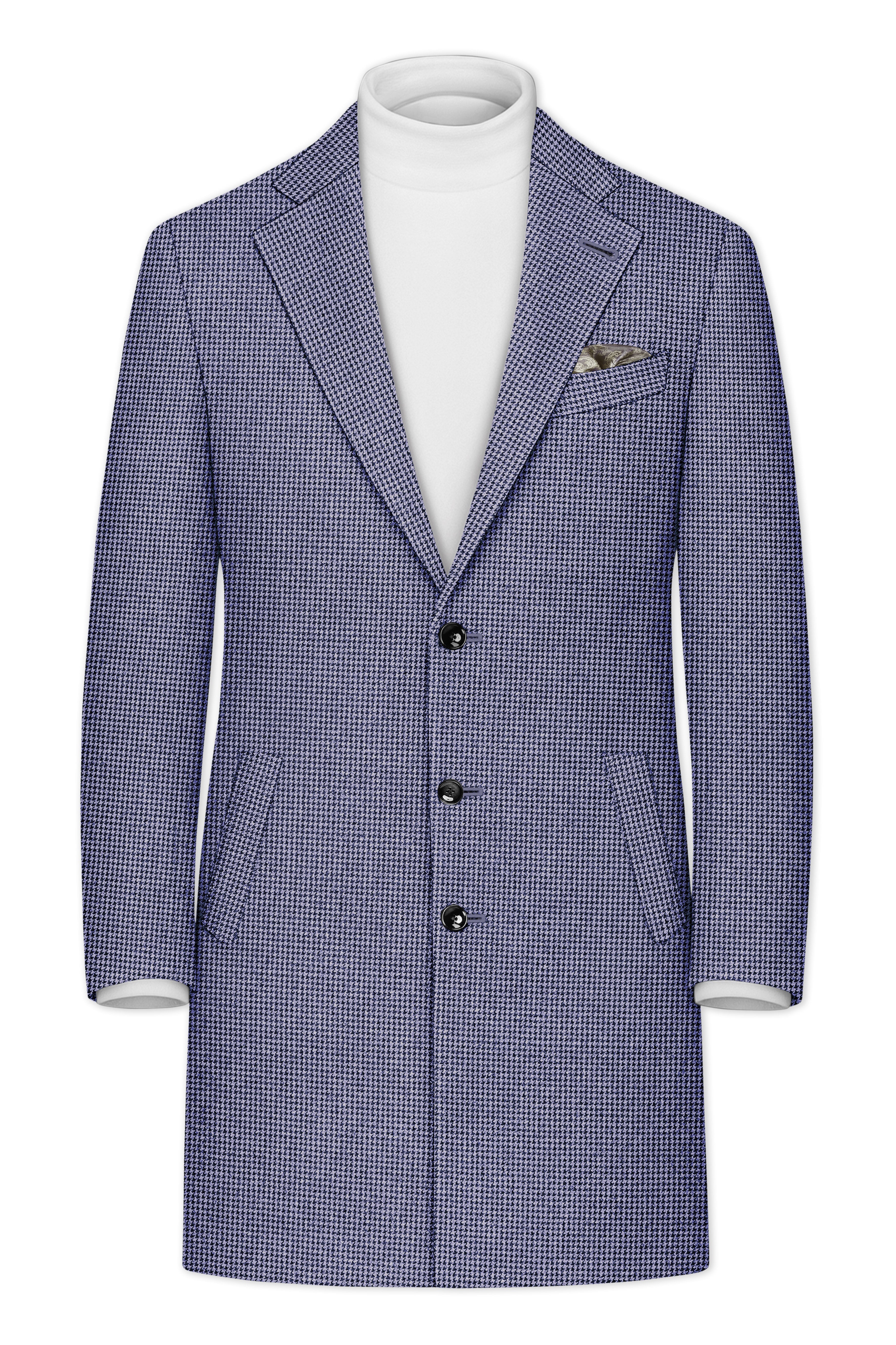 Dusk-Mulled Blue Classic Houndstooth Textured Tweed Single Breasted Overcoat With Pant
