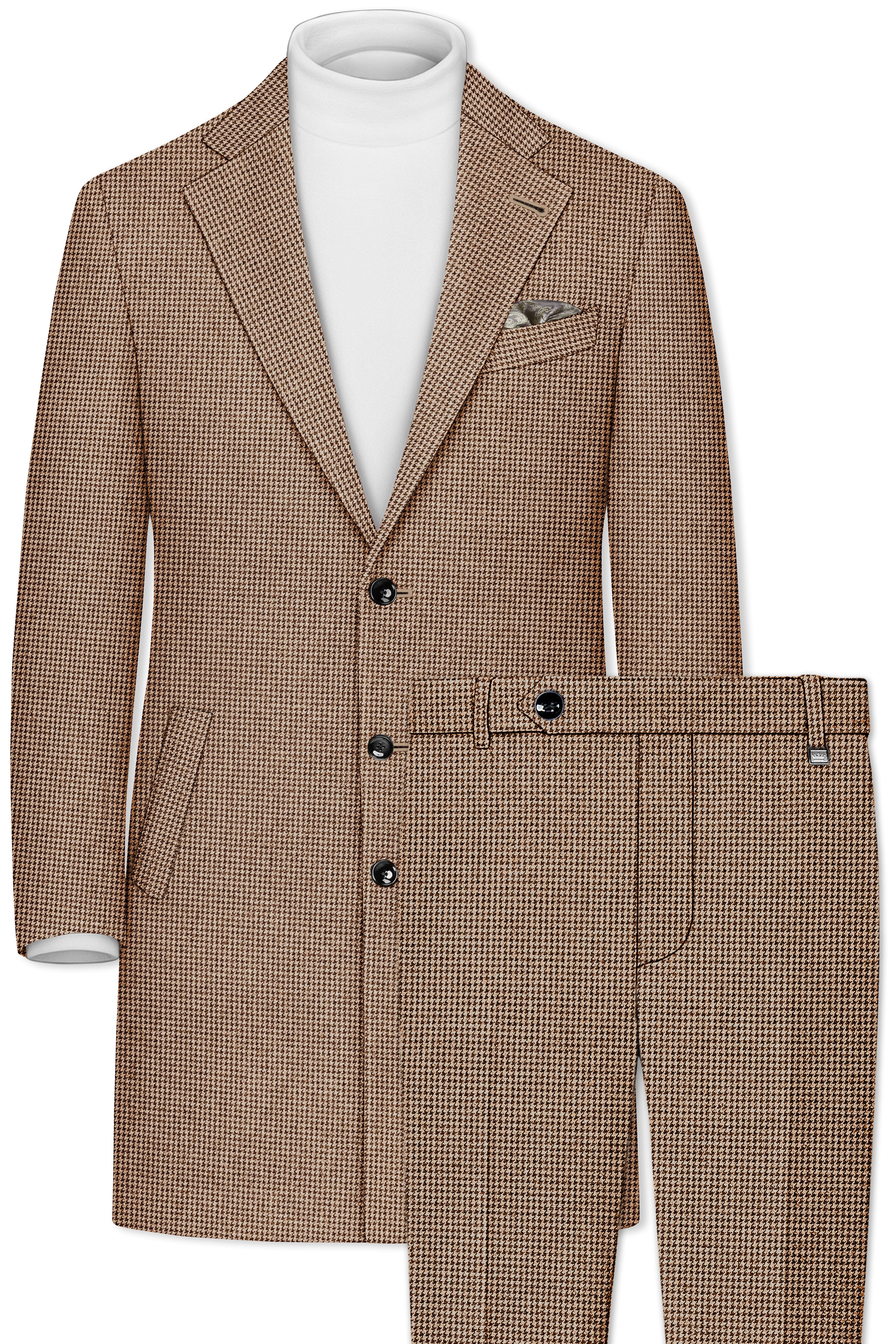 Scholar-Mocha Brown Classic Houndstooth Textured Tweed Single Breasted Overcoat With Pant