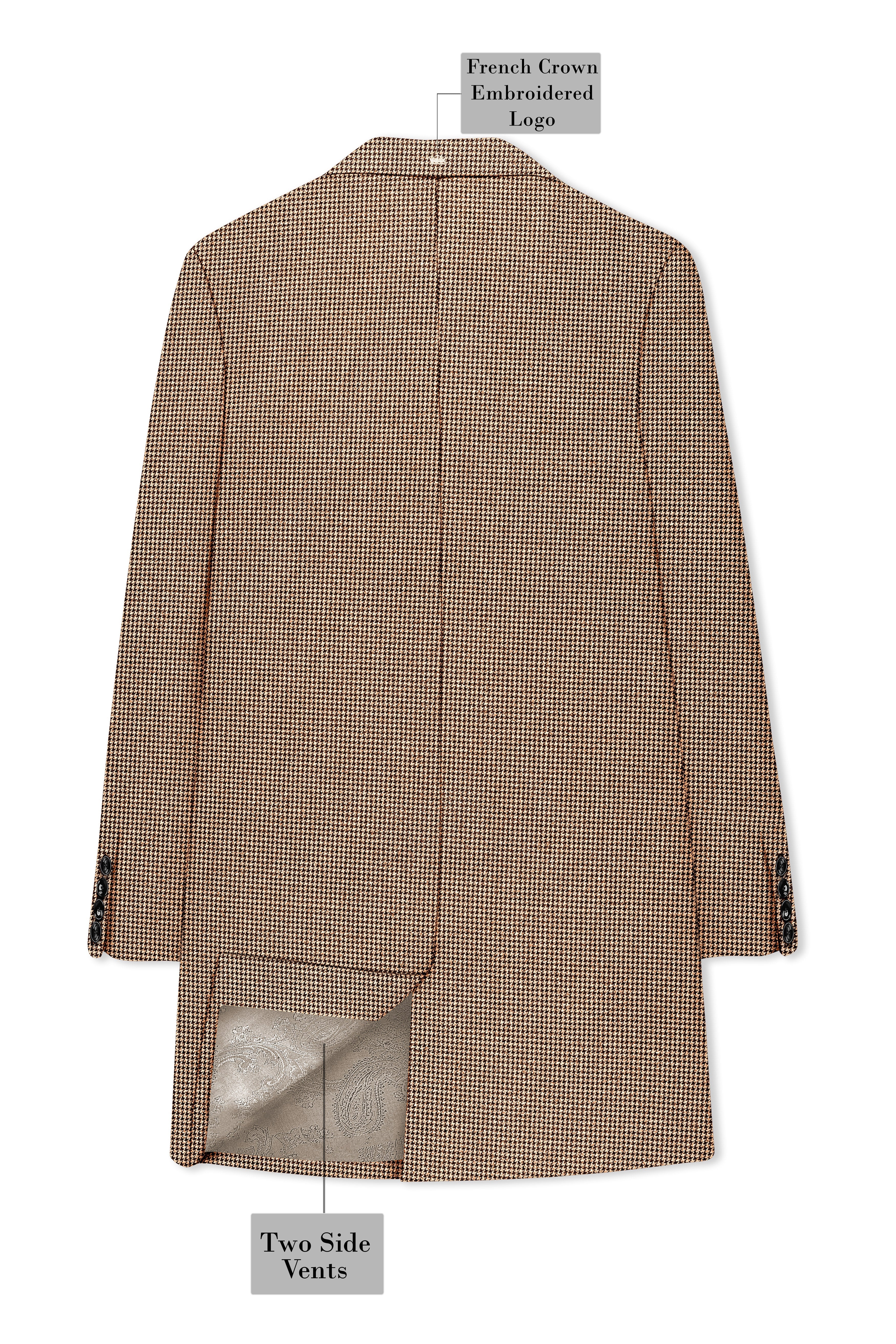 Scholar-Mocha Brown Classic Houndstooth Textured Tweed Single Breasted Overcoat With Pant