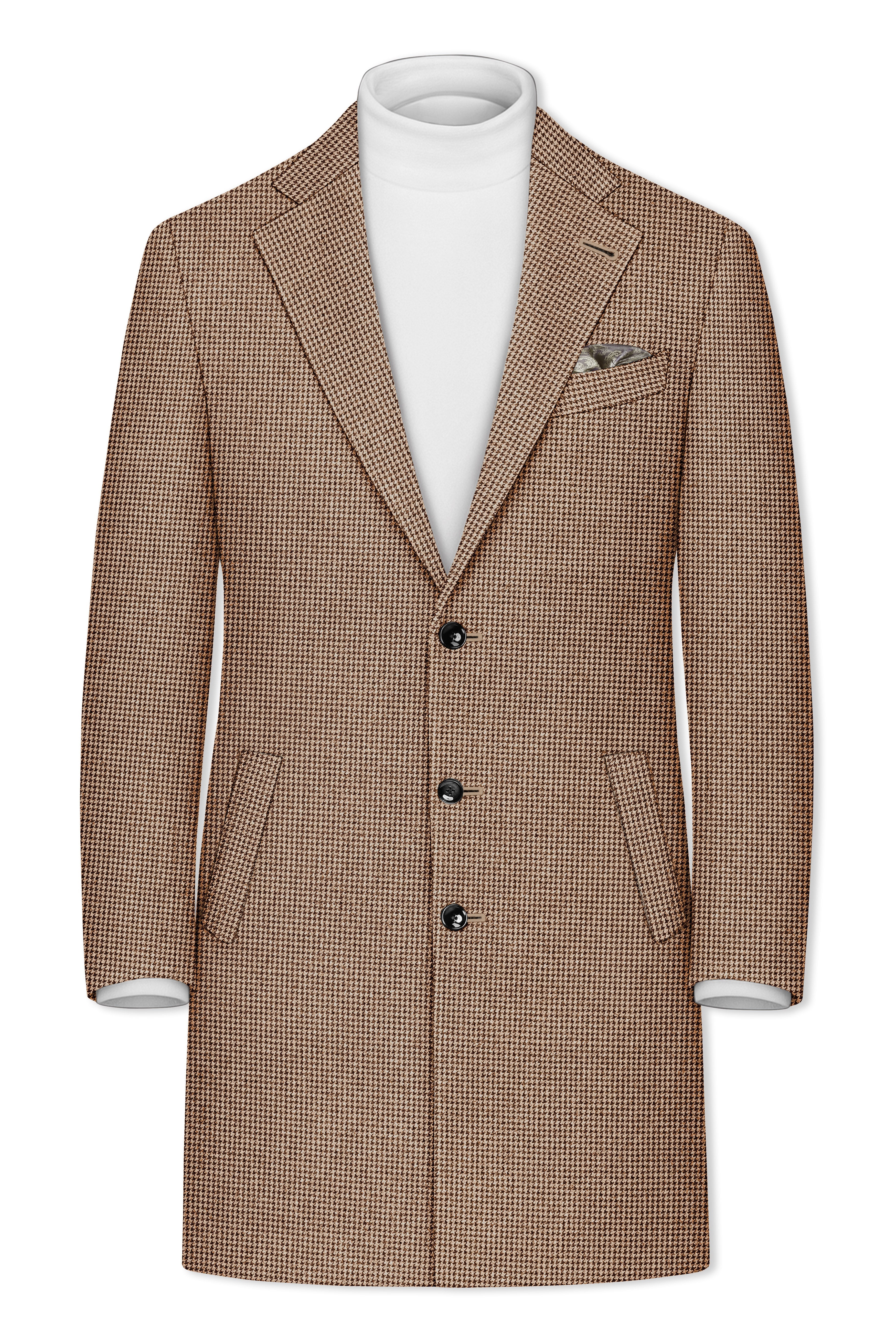 Scholar-Mocha Brown Classic Houndstooth Textured Tweed Single Breasted Overcoat With Pant