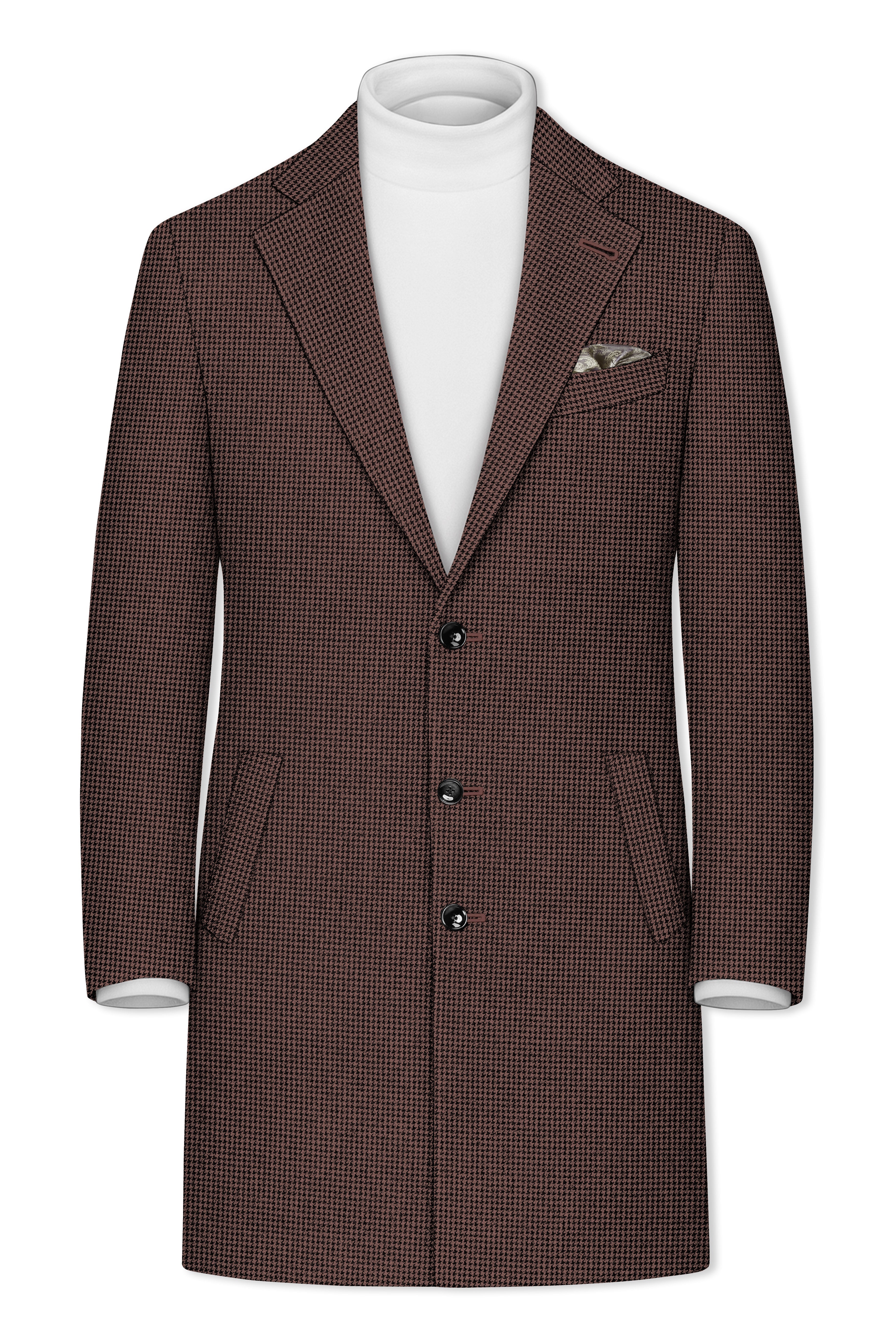 Sylvan-Woody Brown Classic Houndstooth Textured Tweed Single Breasted Overcoat With Pant