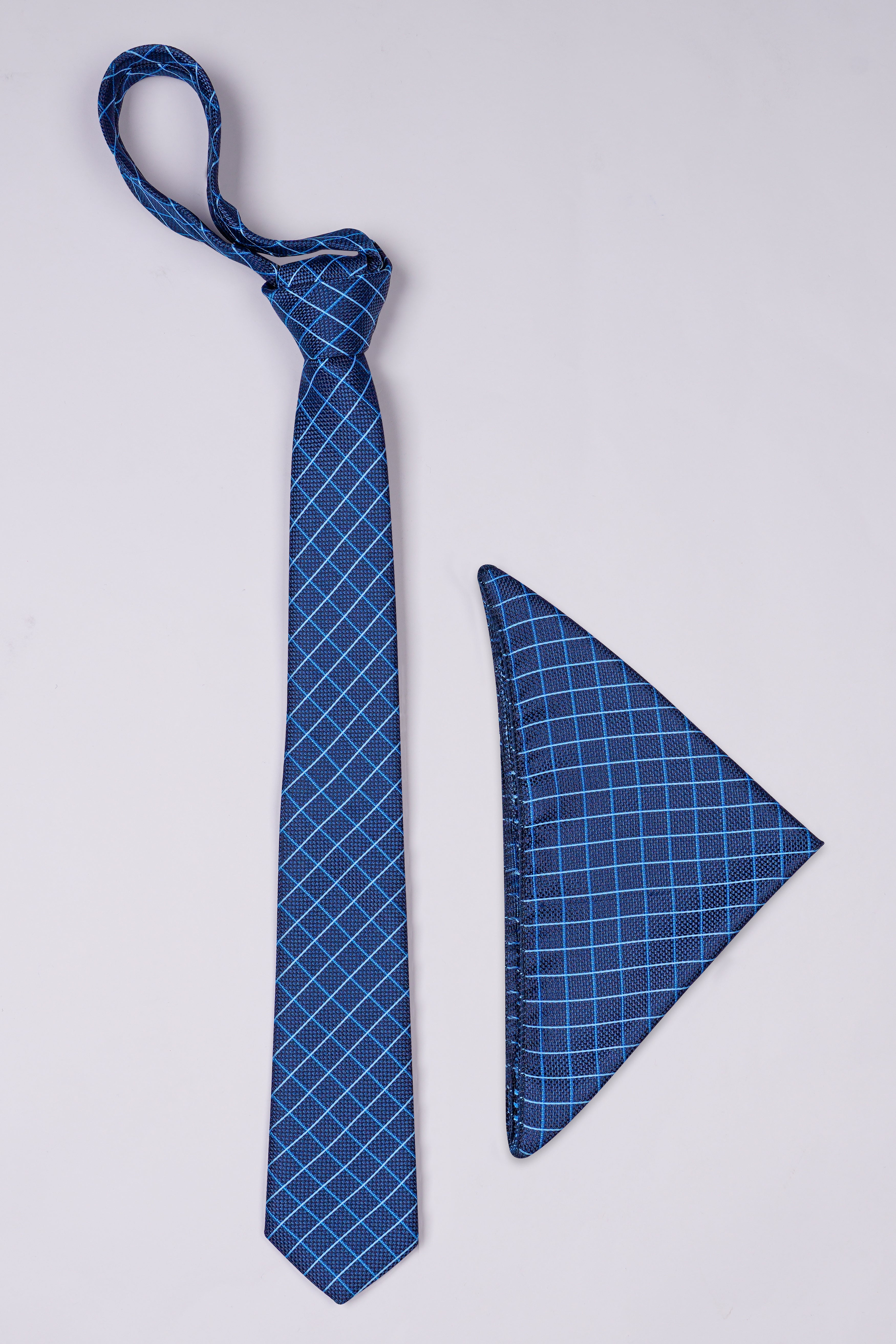 Lapis Blue Checkered Jacquard Tie with Pocket Square TP047