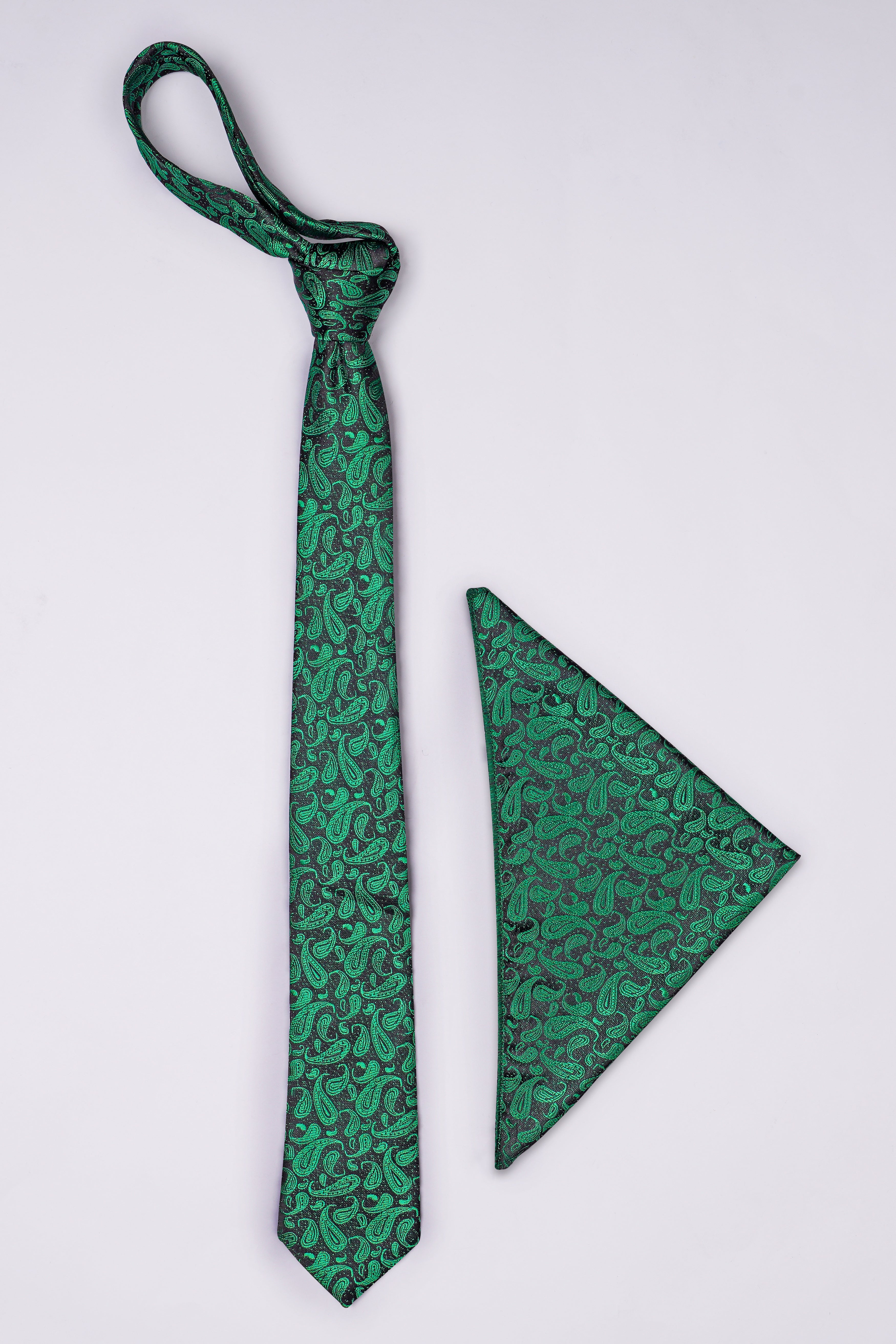 Jade Black with Meadow Green Paisley Jacquard Tie with Free Pocket Square TP048