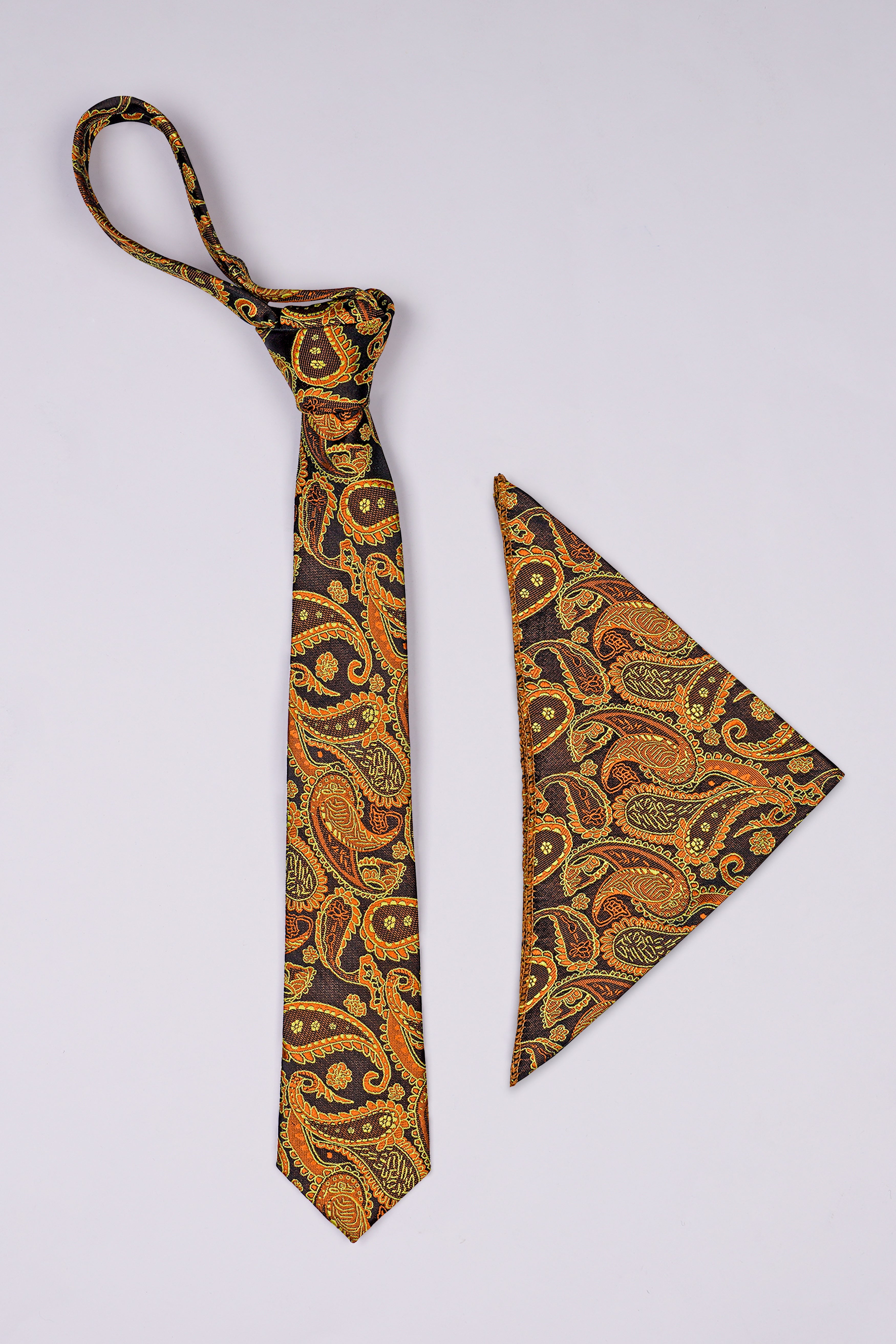 Cadmium Orange with Cafe Noir Brown Paisley Jacquard Tie with Pocket Square TP054