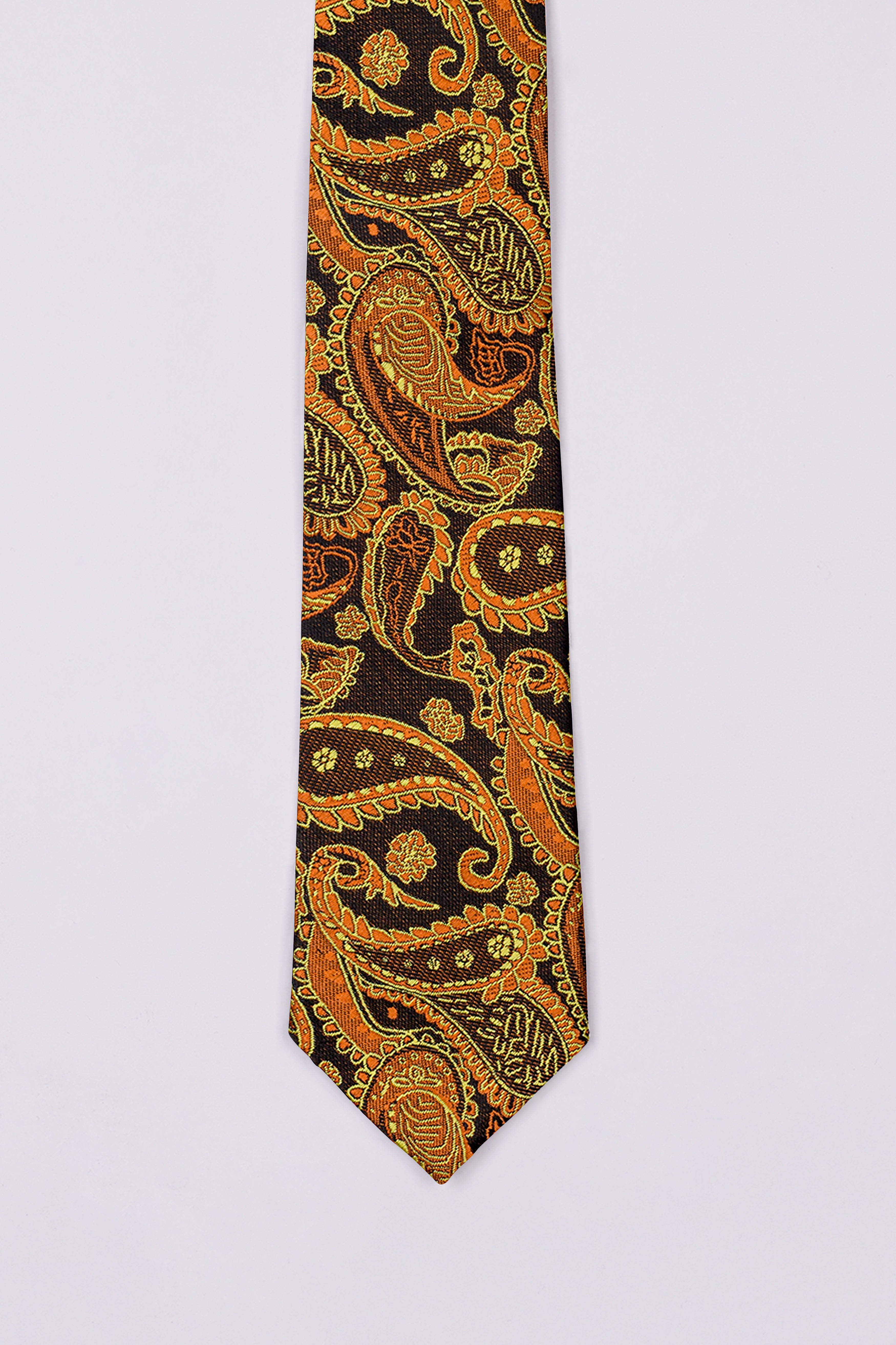 Cadmium Orange with Cafe Noir Brown Paisley Jacquard Tie with Pocket Square TP054