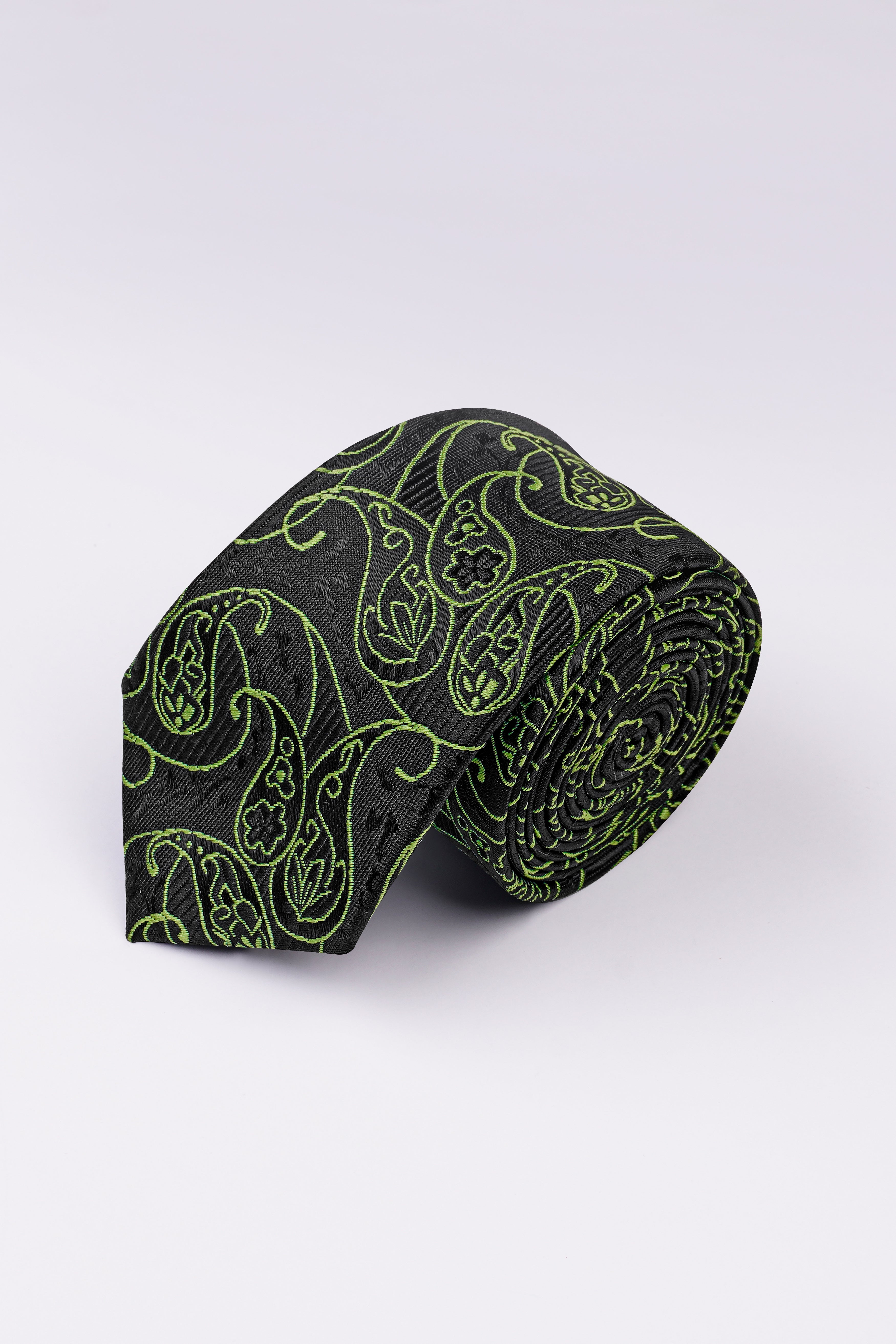 Jade Black with Olivine Green Paisley Jacquard Tie with Pocket Square TP067