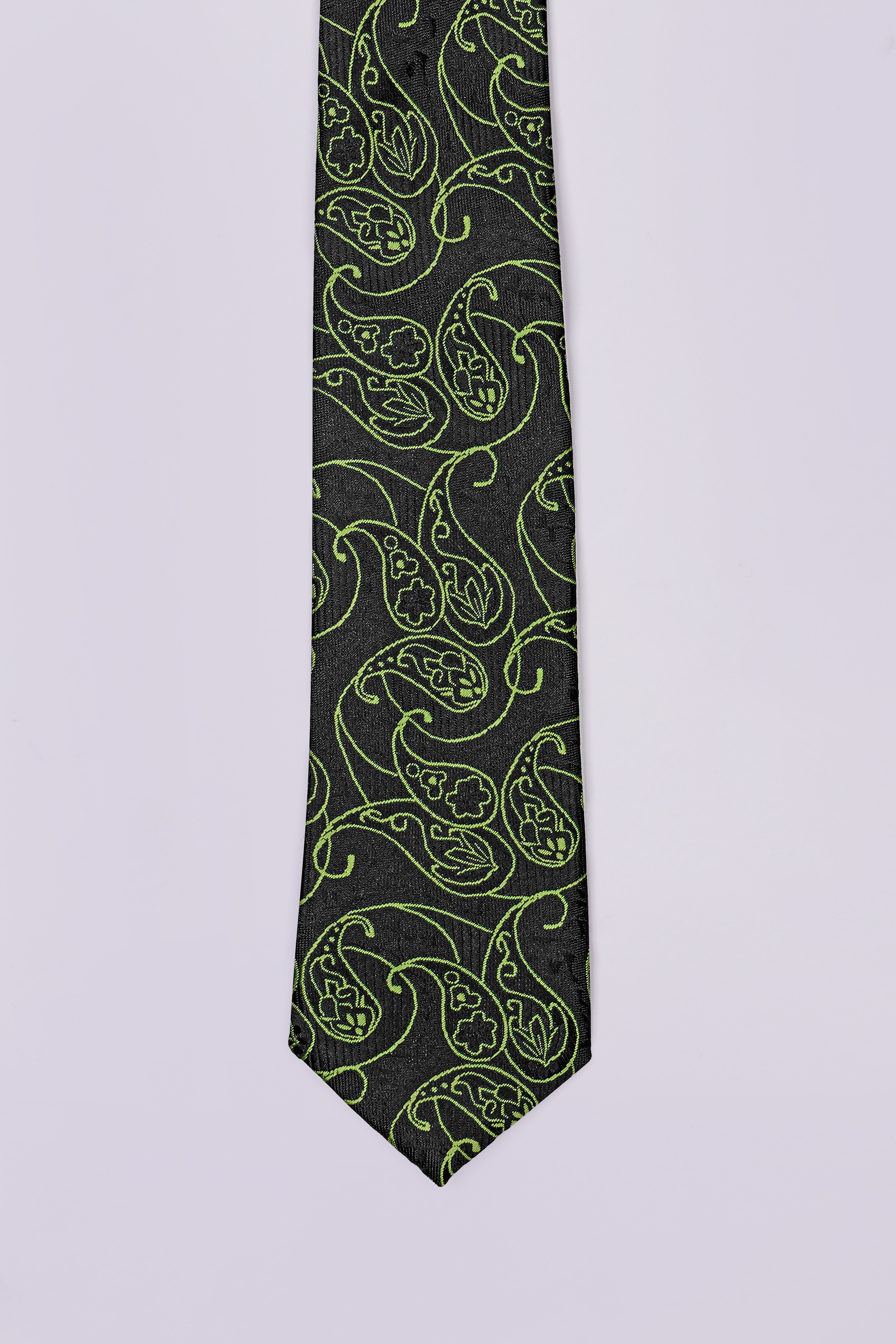 Jade Black with Olivine Green Paisley Jacquard Tie with Pocket Square TP067