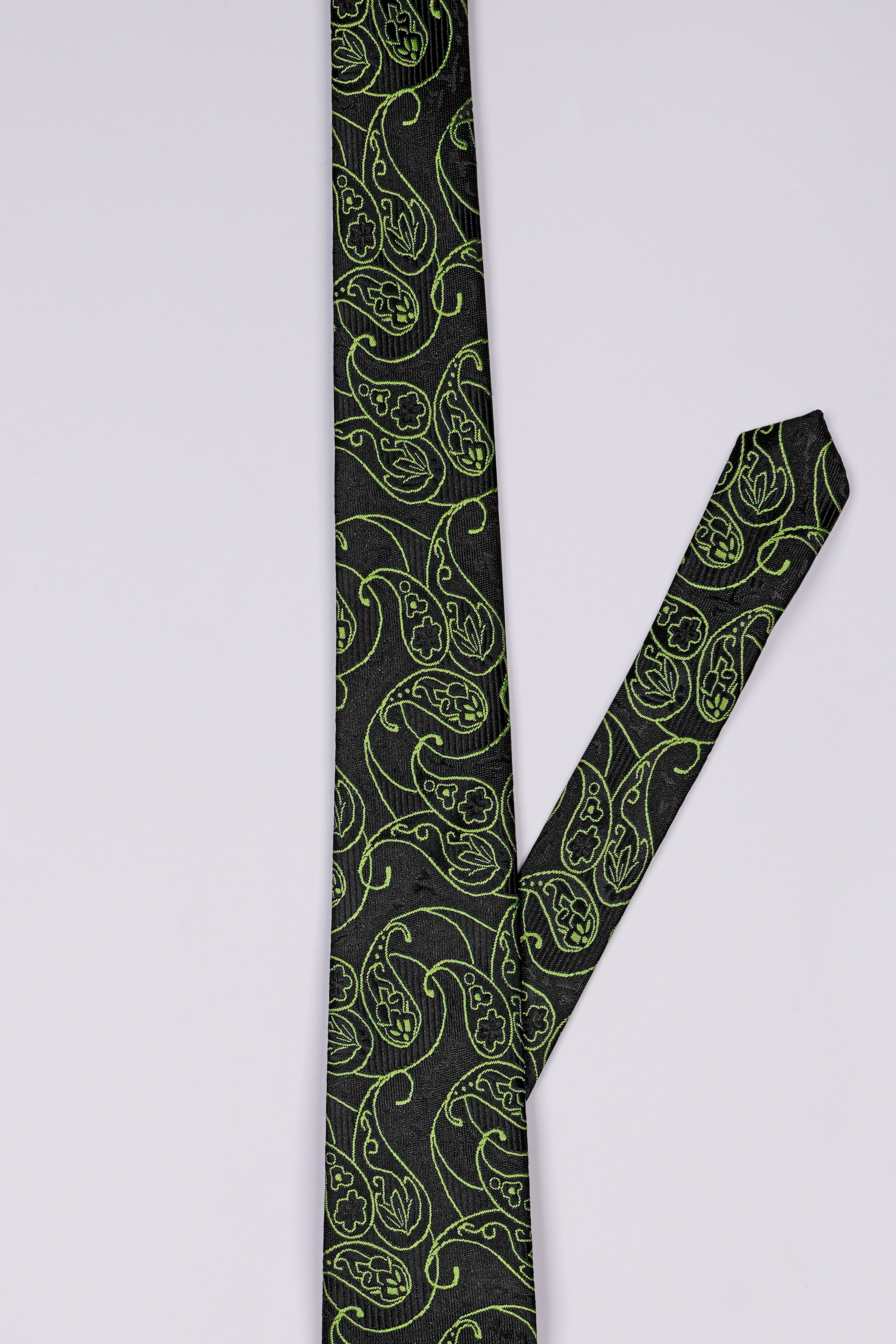 Jade Black with Olivine Green Paisley Jacquard Tie with Pocket Square TP067