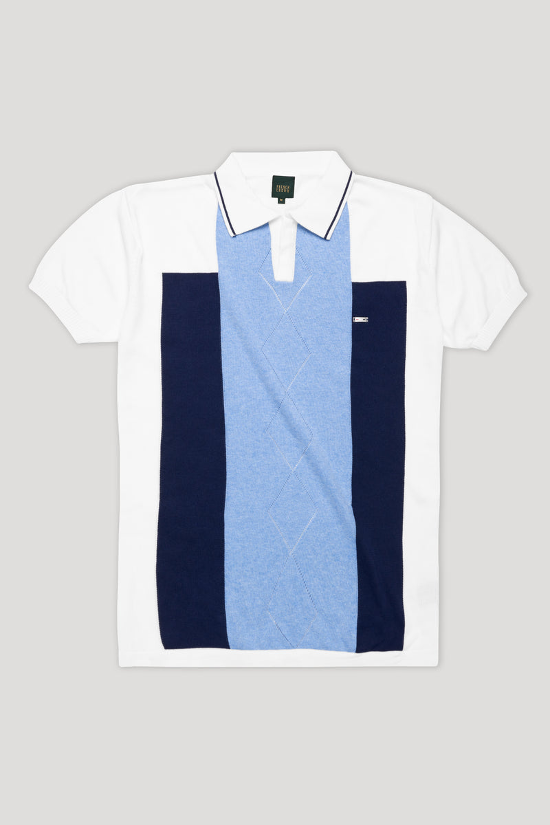 Perano Blue with Haiti Blue and White Premium Cotton Flat Knit Polo