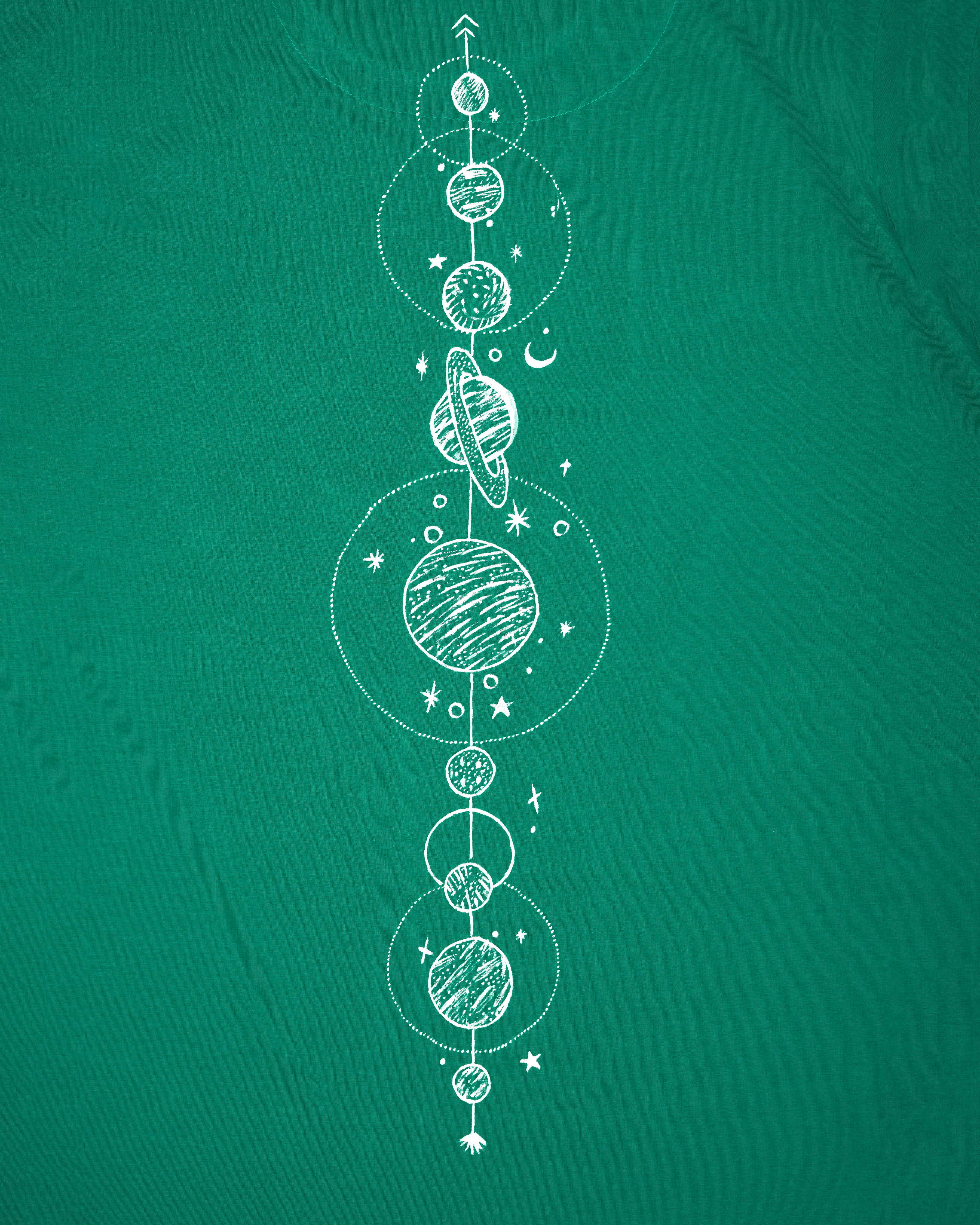 Tropical Green with Planets Hand Painted Premium Cotton T-shirt TS005-W010-S, TS005-W010-M, TS005-W010-L, TS005-W010-XL, TS005-W010-XXL