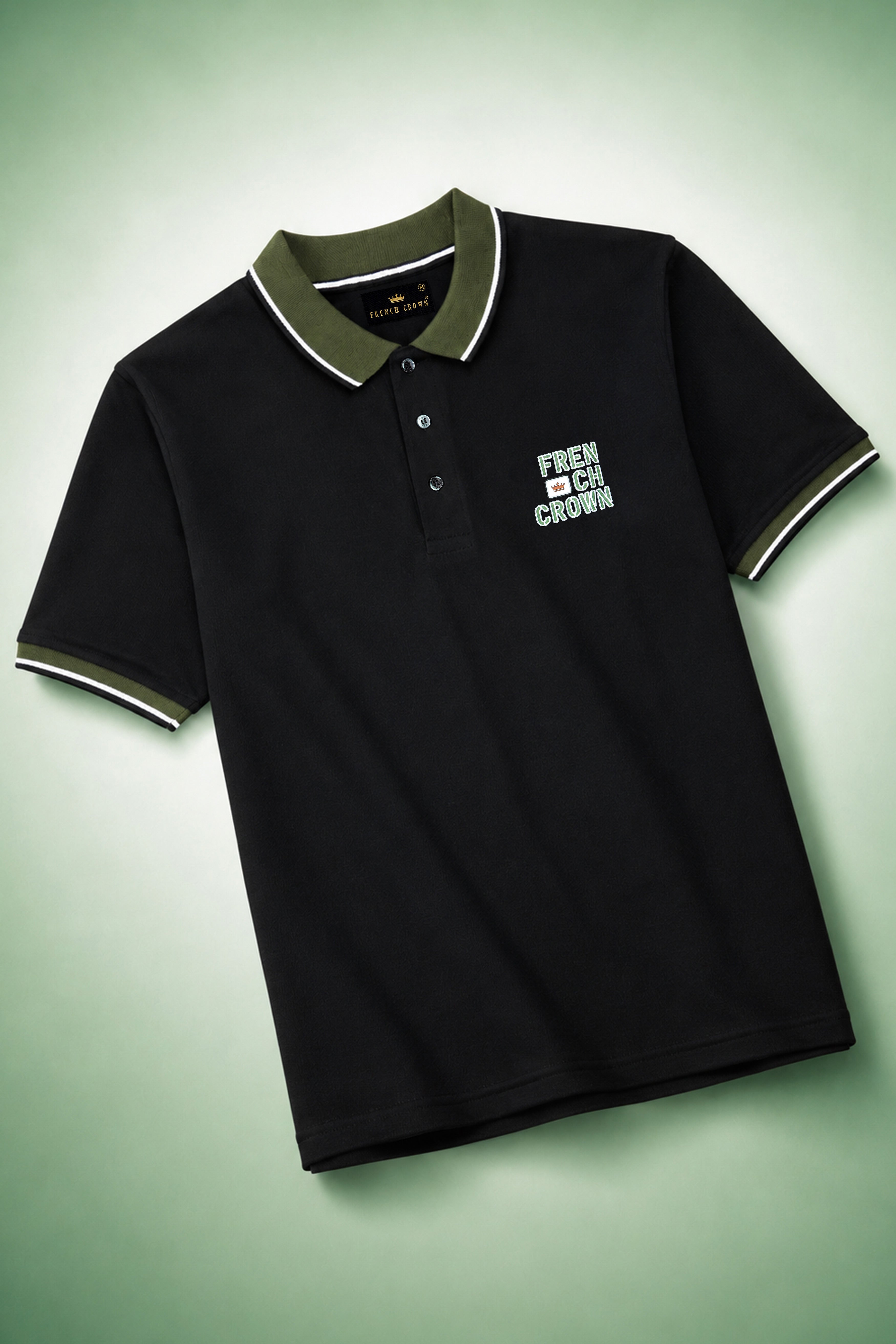Jade Black Premium Cotton With Olive Green Tipped Collar Pique Polo