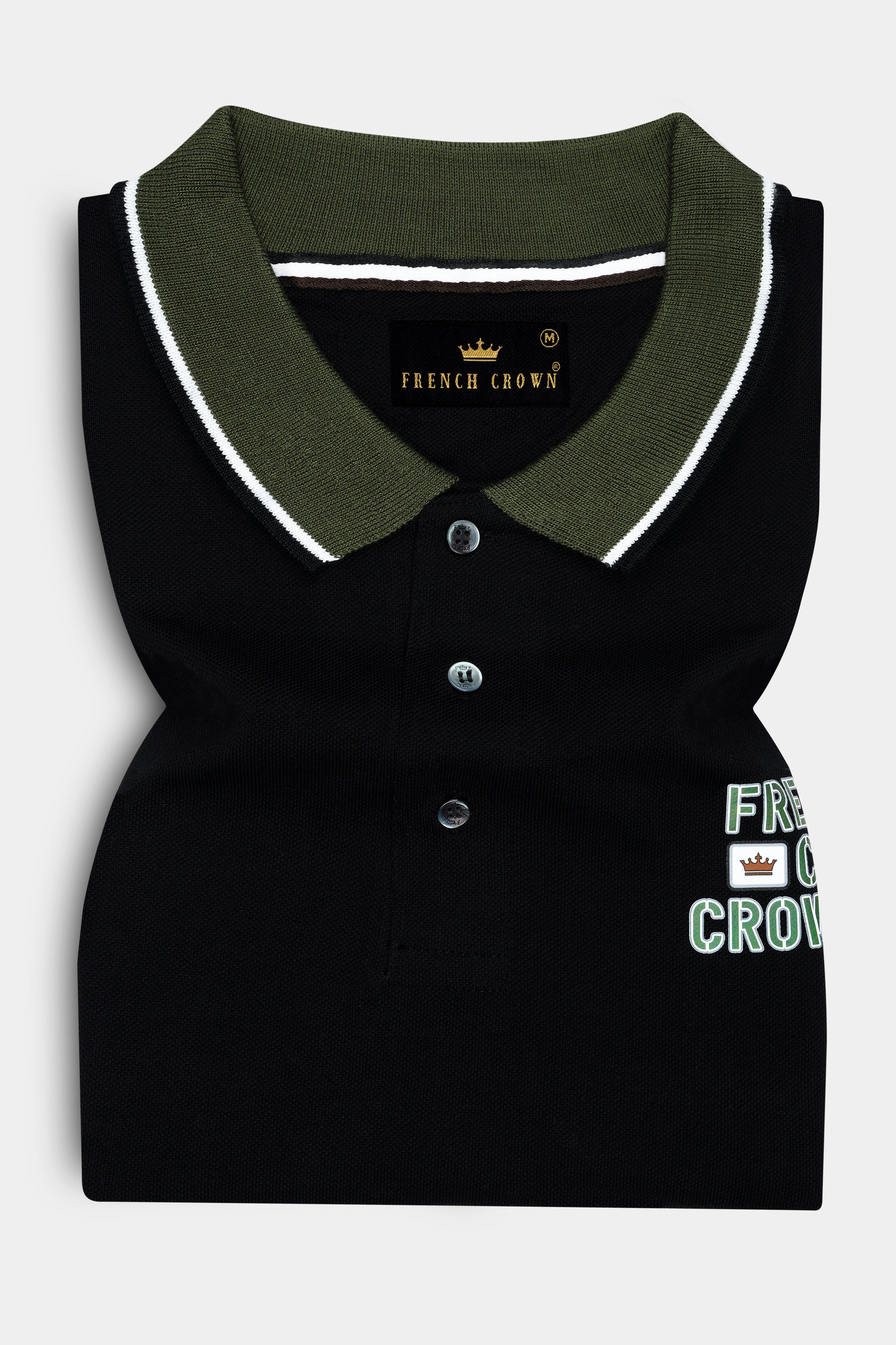 Jade Black Premium Cotton With Olive Green Tipped Collar Pique Polo