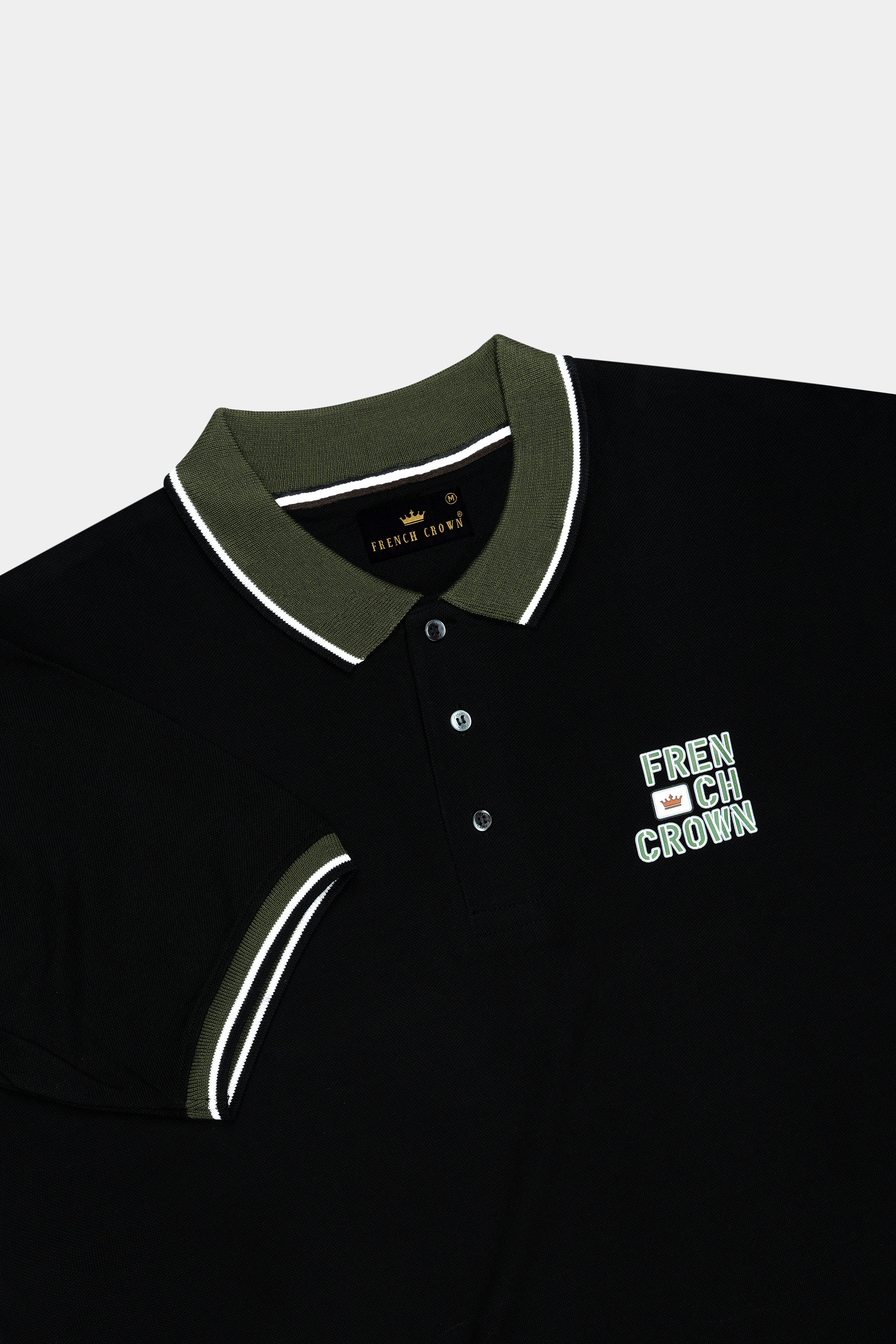 Jade Black Premium Cotton With Olive Green Tipped Collar Pique Polo