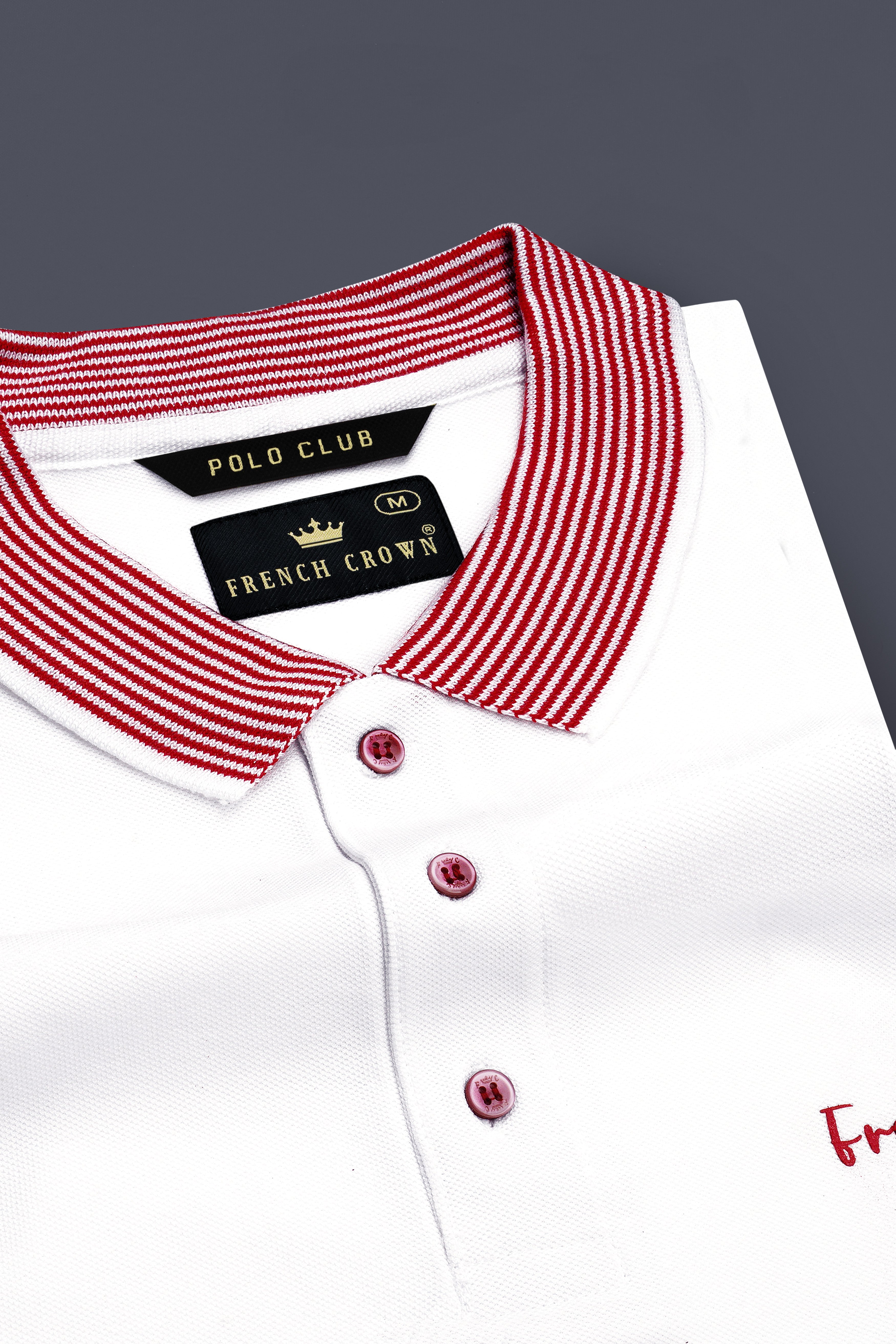 Bright White Premium Cotton With Red Striped Collar Pique Polo