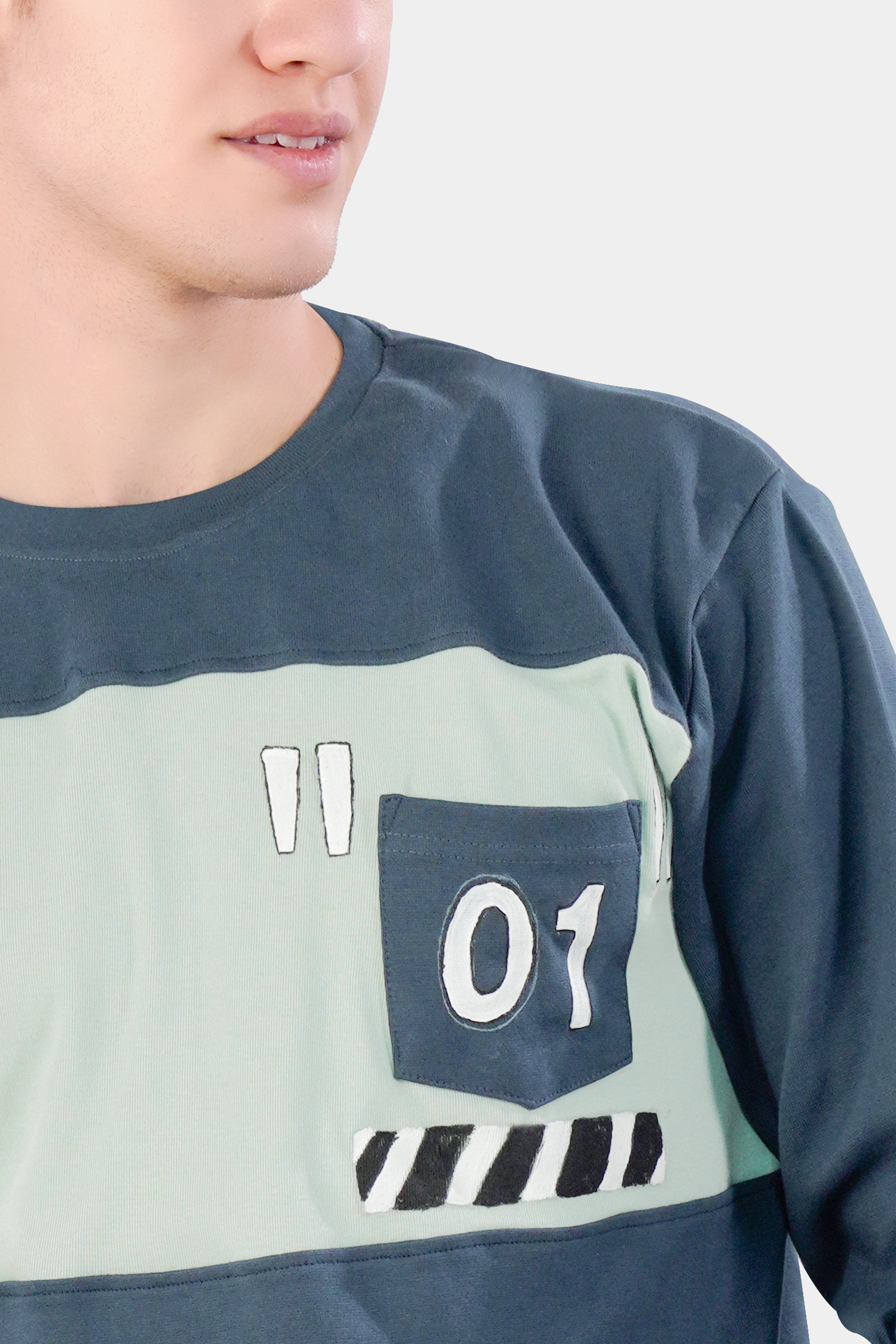 Marengo Blue and Sage Green Hand Painted Premium Cotton Jersey Sweatshirt,TS517-W01-ART-S, TS517-W01-ART-M, TS517-W01-ART-L, TS517-W01-ART-XL, TS517-W01-ART-XXL