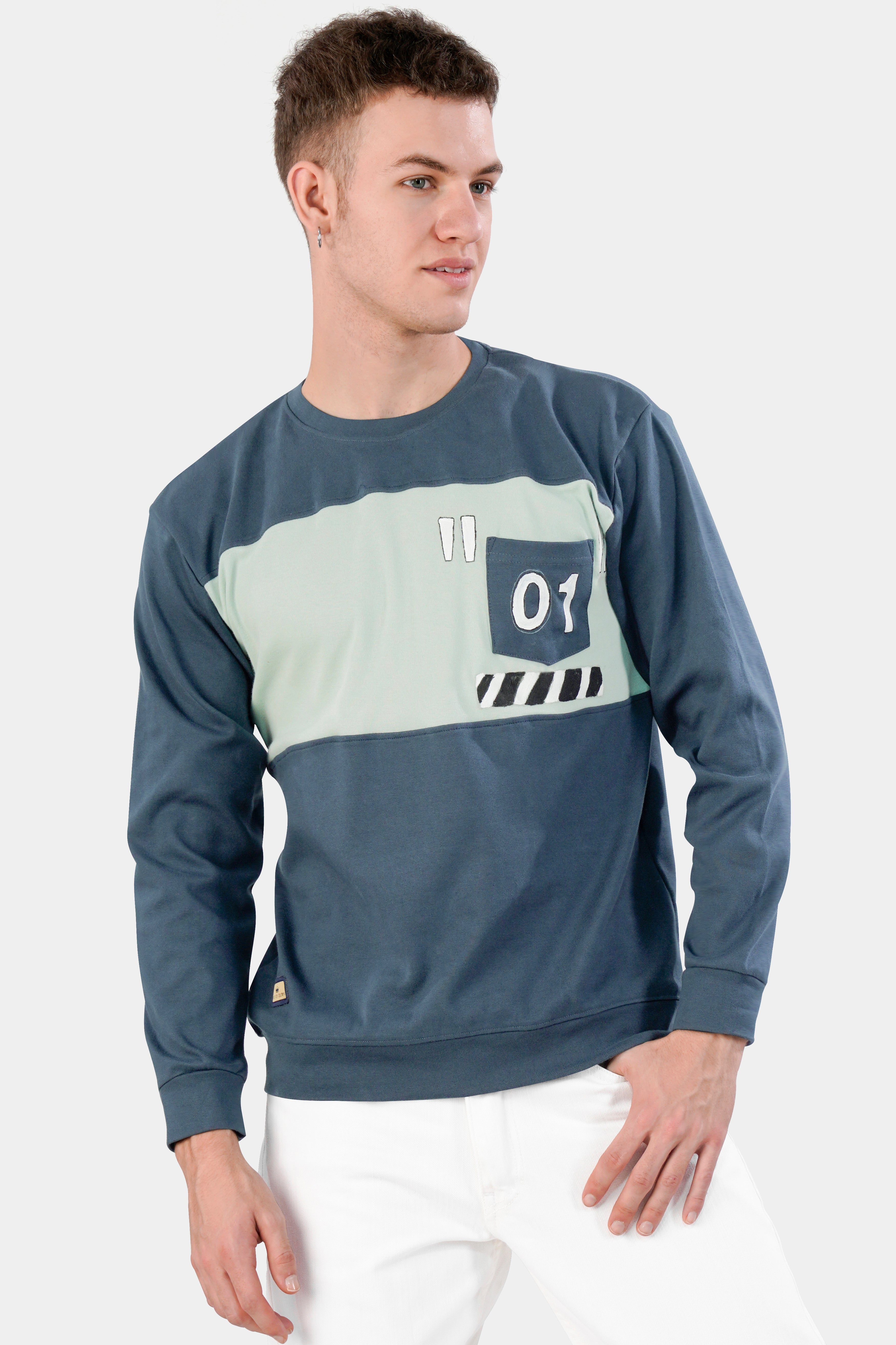 Marengo Blue and Sage Green Hand Painted Premium Cotton Jersey Sweatshirt,TS517-W01-ART-S, TS517-W01-ART-M, TS517-W01-ART-L, TS517-W01-ART-XL, TS517-W01-ART-XXL