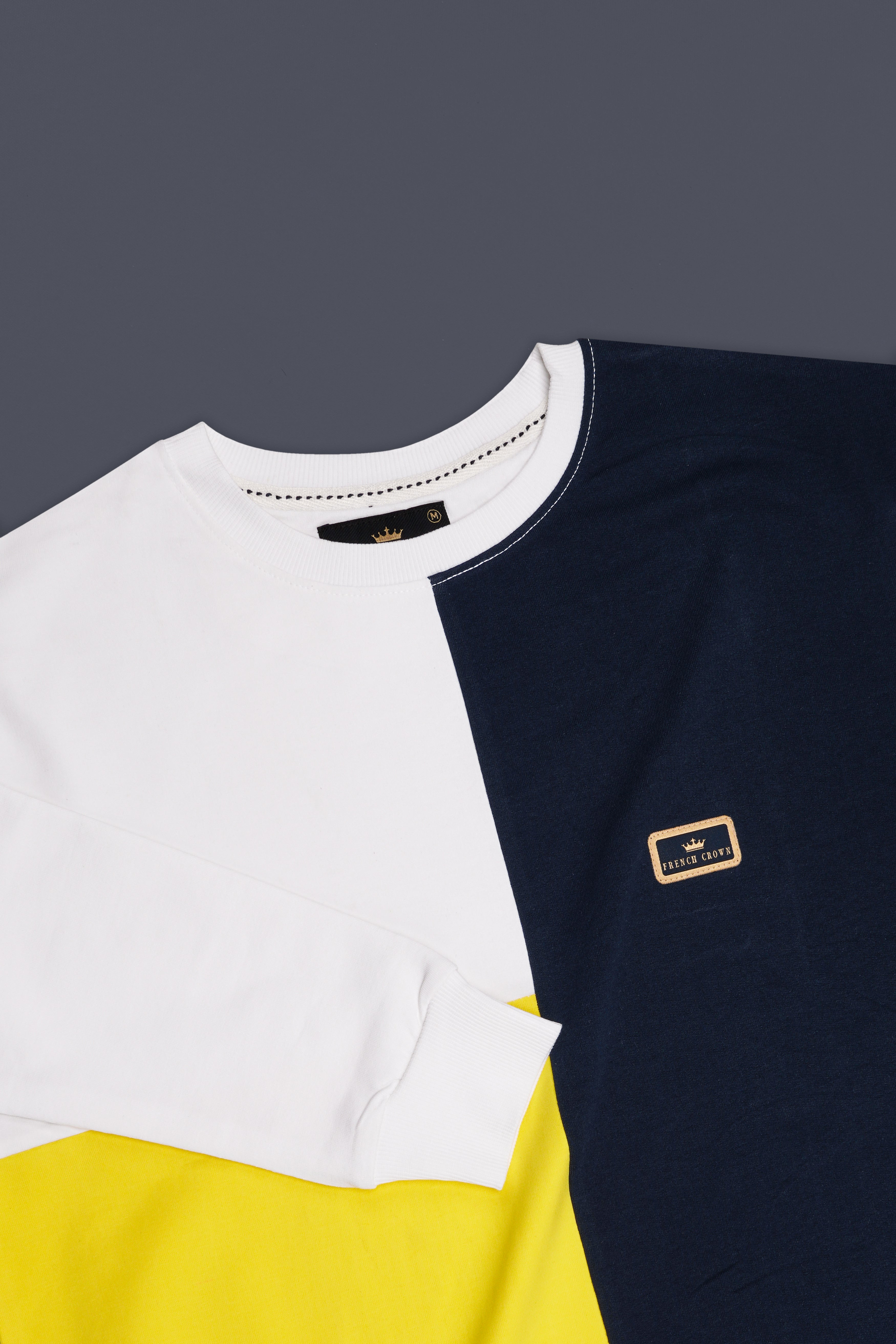Bright White with Mirage Blue and Aureolin Yellow Colour Block Sweatshirt