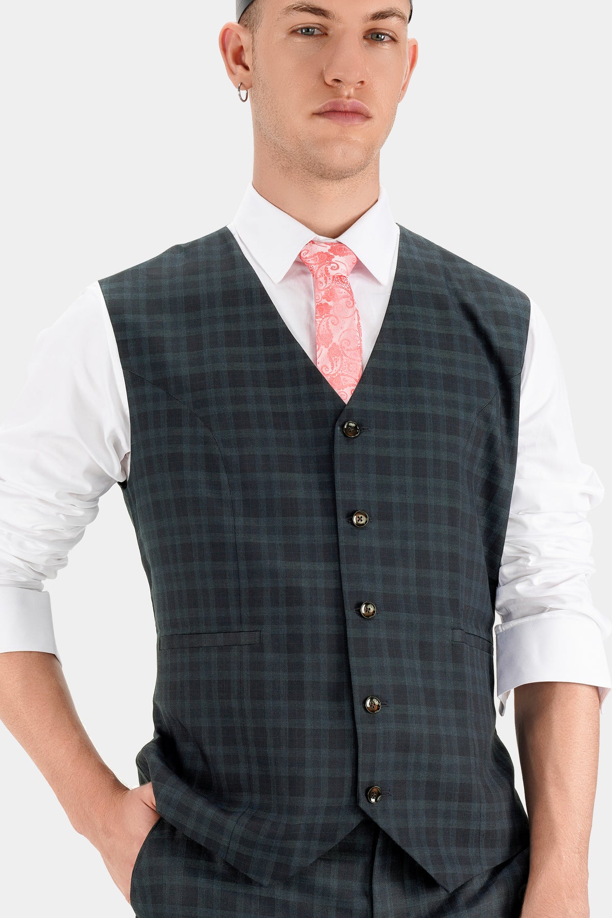 Baltic Sea Blue with Tuna Blue Checkered Wool Rich Waistcoat
