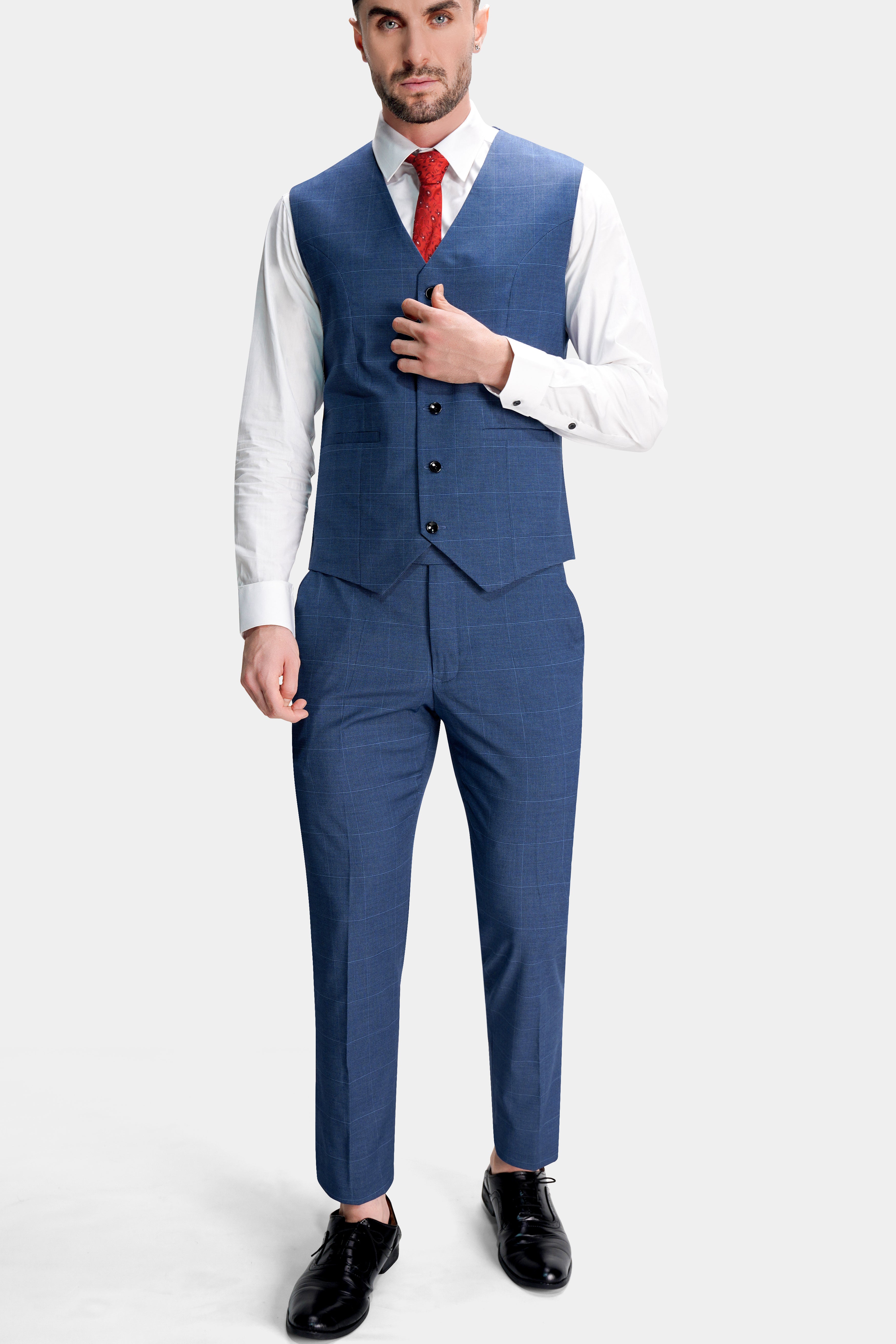 Gun Powder Blue Windowpane Wool Rich Stretchable traveler Waistcoat