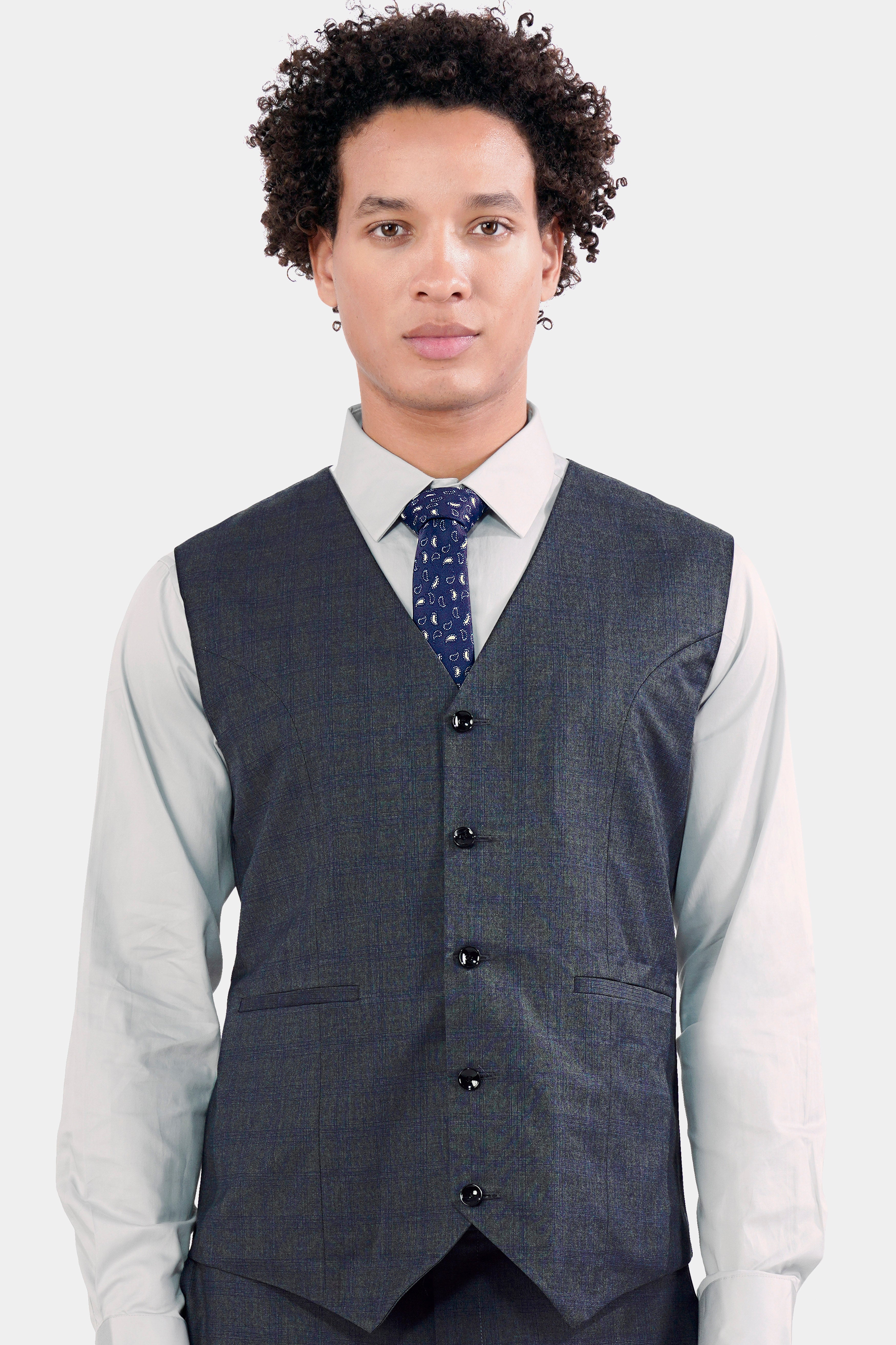 Capecod Gray and Delft Blue Subtle Checkered Wool Rich Waistcoat V2905-36, V2905-38, V2905-40, V2905-42, V2905-44, V2905-46, V2905-48, V2905-50, V2905-05, V2905-54, V2905-56, V2905-58, V2905-60