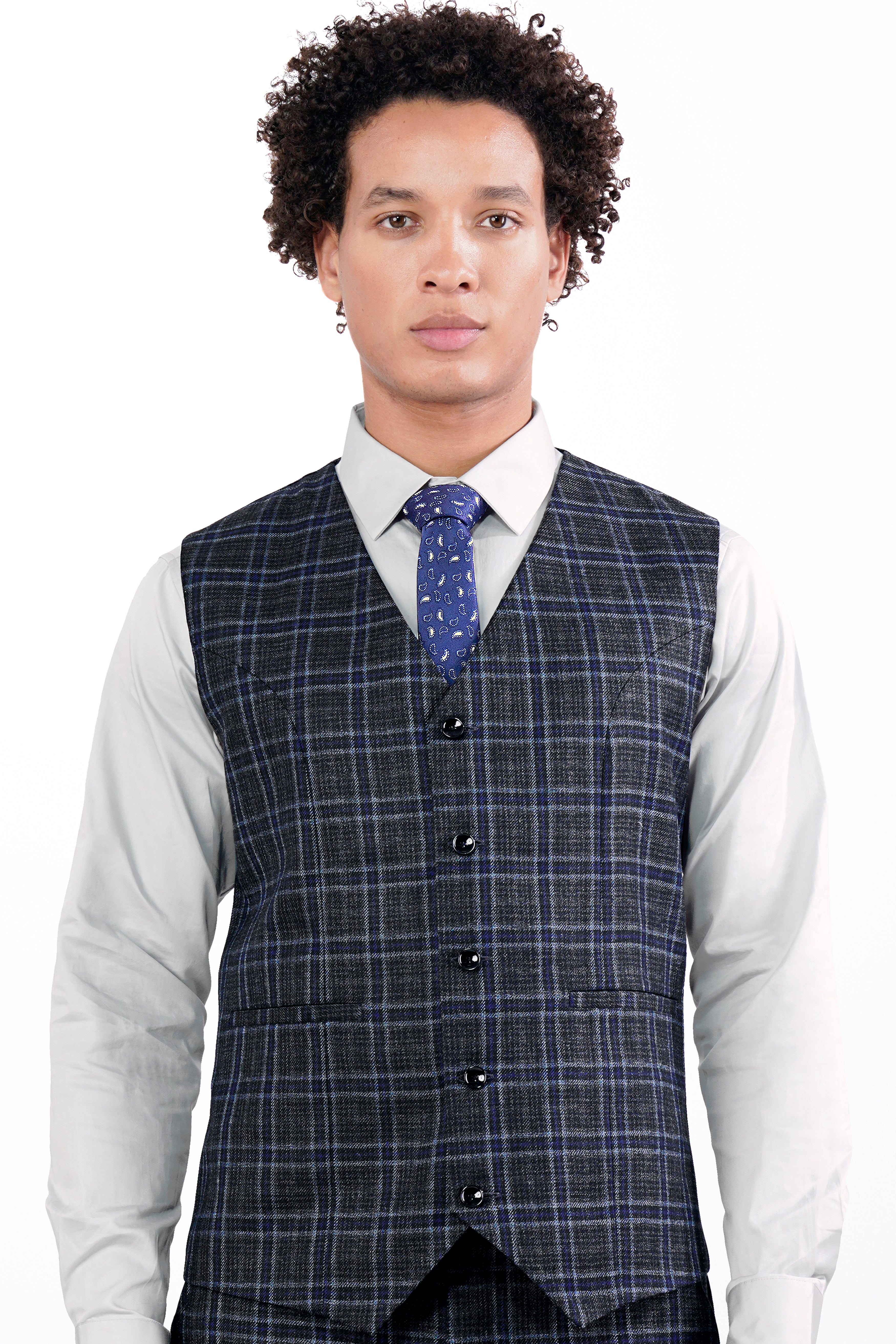 Bleached Black and Marine Blue Plaid Tweed Waistcoat V2907-36, V2907-38, V2907-40, V2907-42, V2907-44, V2907-46, V2907-48, V2907-50, V2907-07, V2907-54, V2907-56, V2907-58, V2907-60