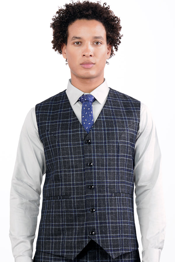 Bleached Black and Marine Blue Plaid Tweed Waistcoat V2907-36, V2907-38, V2907-40, V2907-42, V2907-44, V2907-46, V2907-48, V2907-50, V2907-07, V2907-54, V2907-56, V2907-58, V2907-60