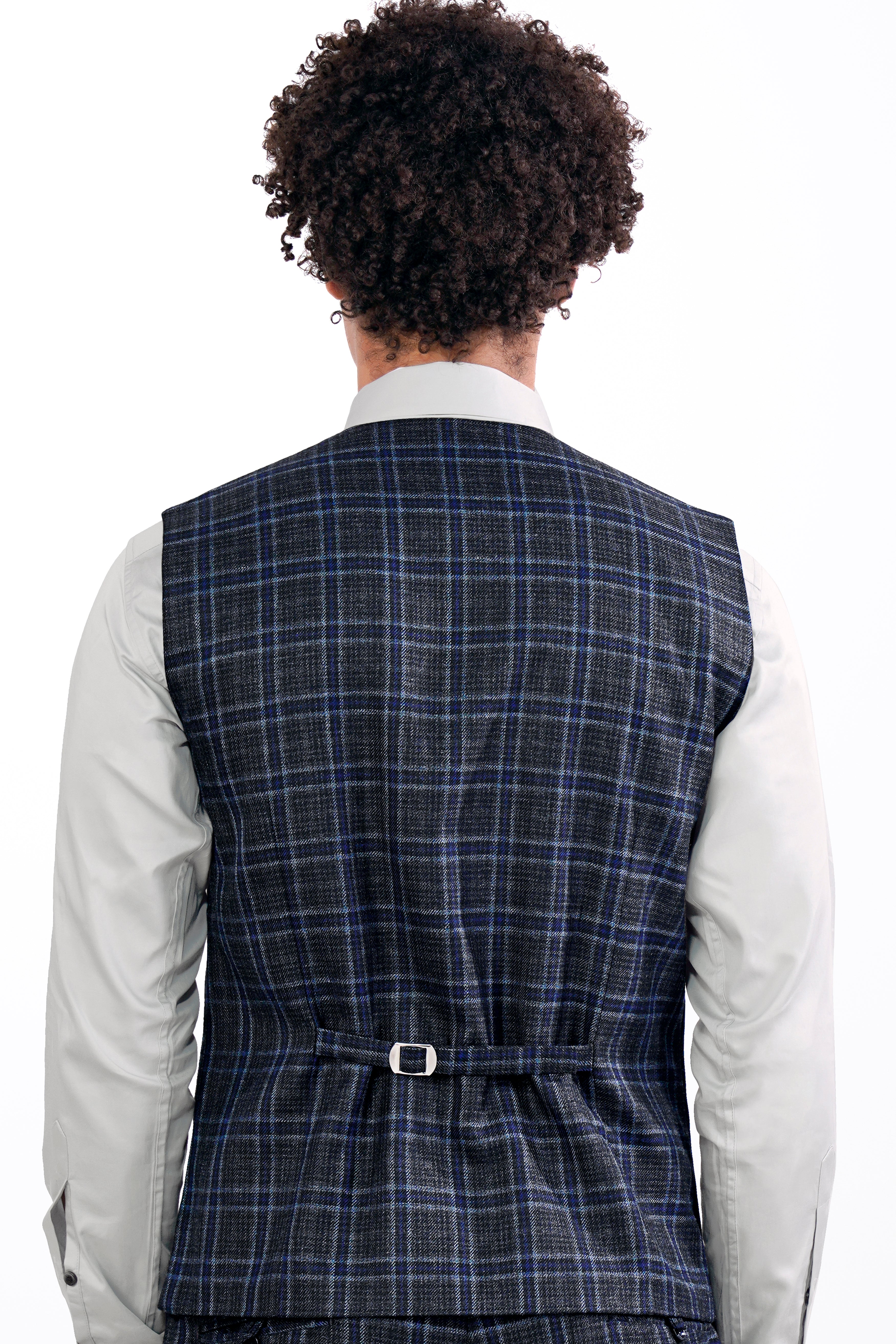 Bleached Black and Marine Blue Plaid Tweed Waistcoat V2907-36, V2907-38, V2907-40, V2907-42, V2907-44, V2907-46, V2907-48, V2907-50, V2907-07, V2907-54, V2907-56, V2907-58, V2907-60