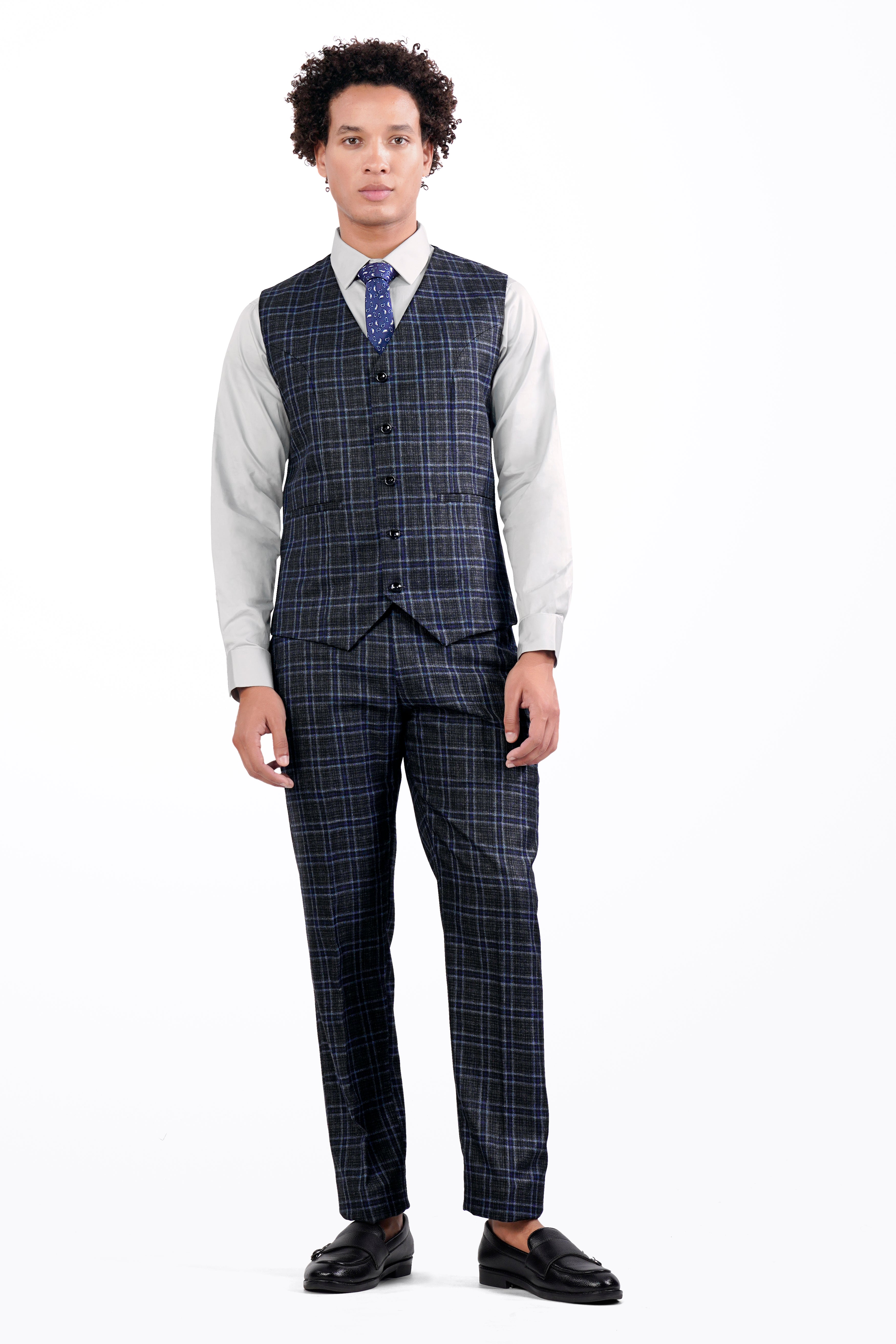 Bleached Black and Marine Blue Plaid Tweed Waistcoat V2907-36, V2907-38, V2907-40, V2907-42, V2907-44, V2907-46, V2907-48, V2907-50, V2907-07, V2907-54, V2907-56, V2907-58, V2907-60