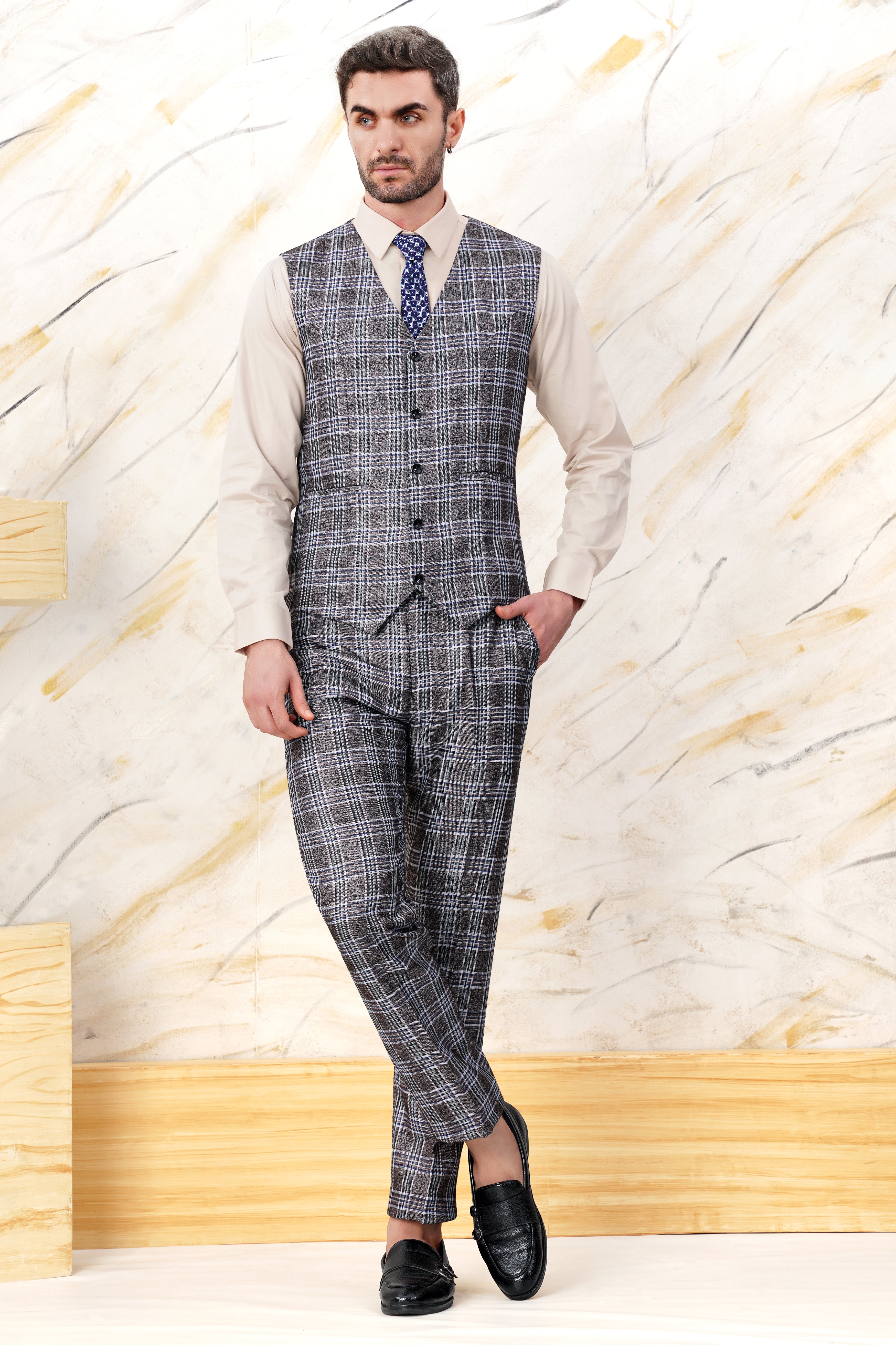 Ironside Grey and Cloud Burst Blue Plaid Wool Rich Waistcoat V3073-36, V3073-38, V3073-40, V3073-42, V3073-44, V3073-46, V3073-48, V3073-50, V3073-73, V3073-54, V3073-56, V3073-58, V3073-60