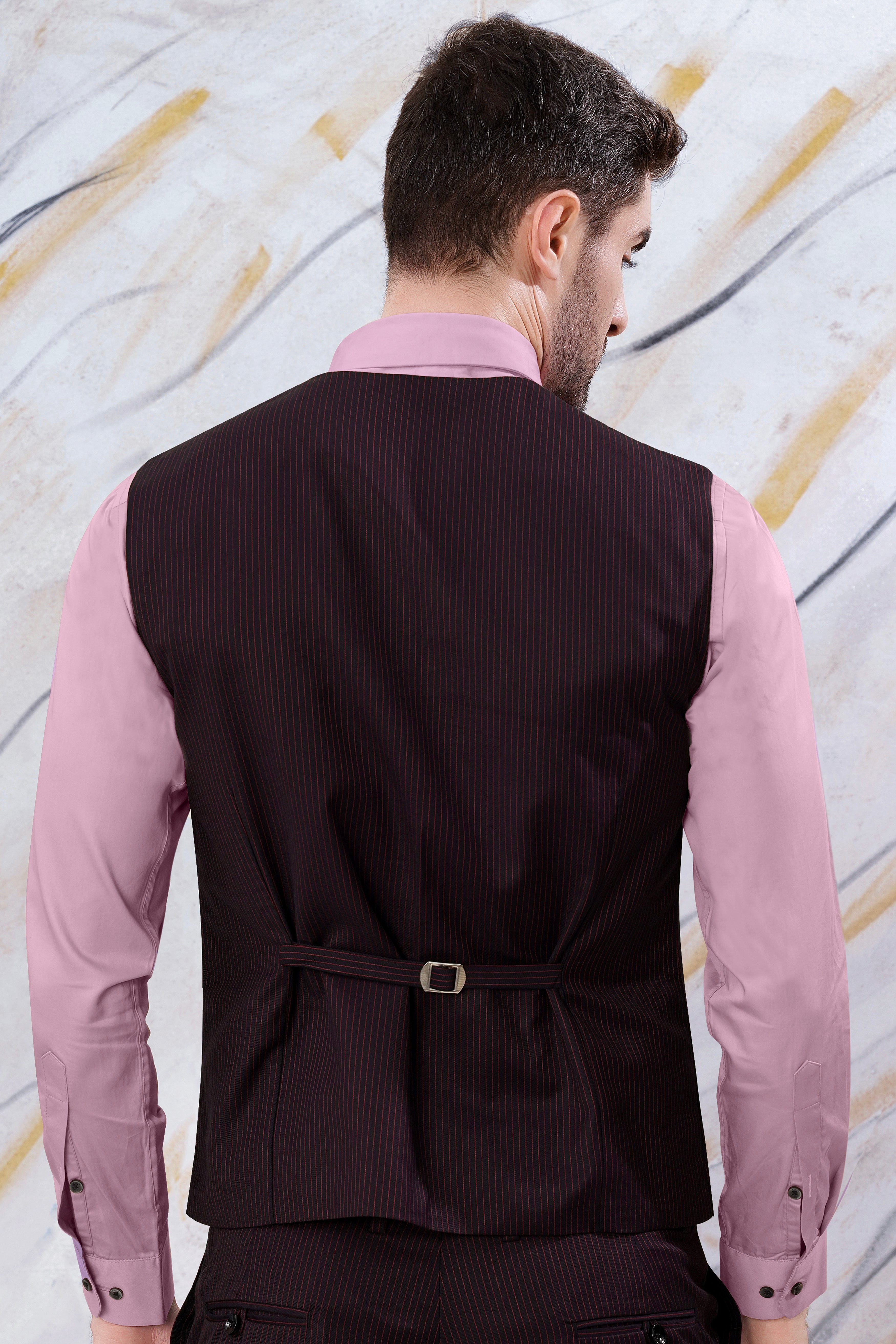 Onyx Maroon and Mandy Pink Striped Wool Rich Waistcoat