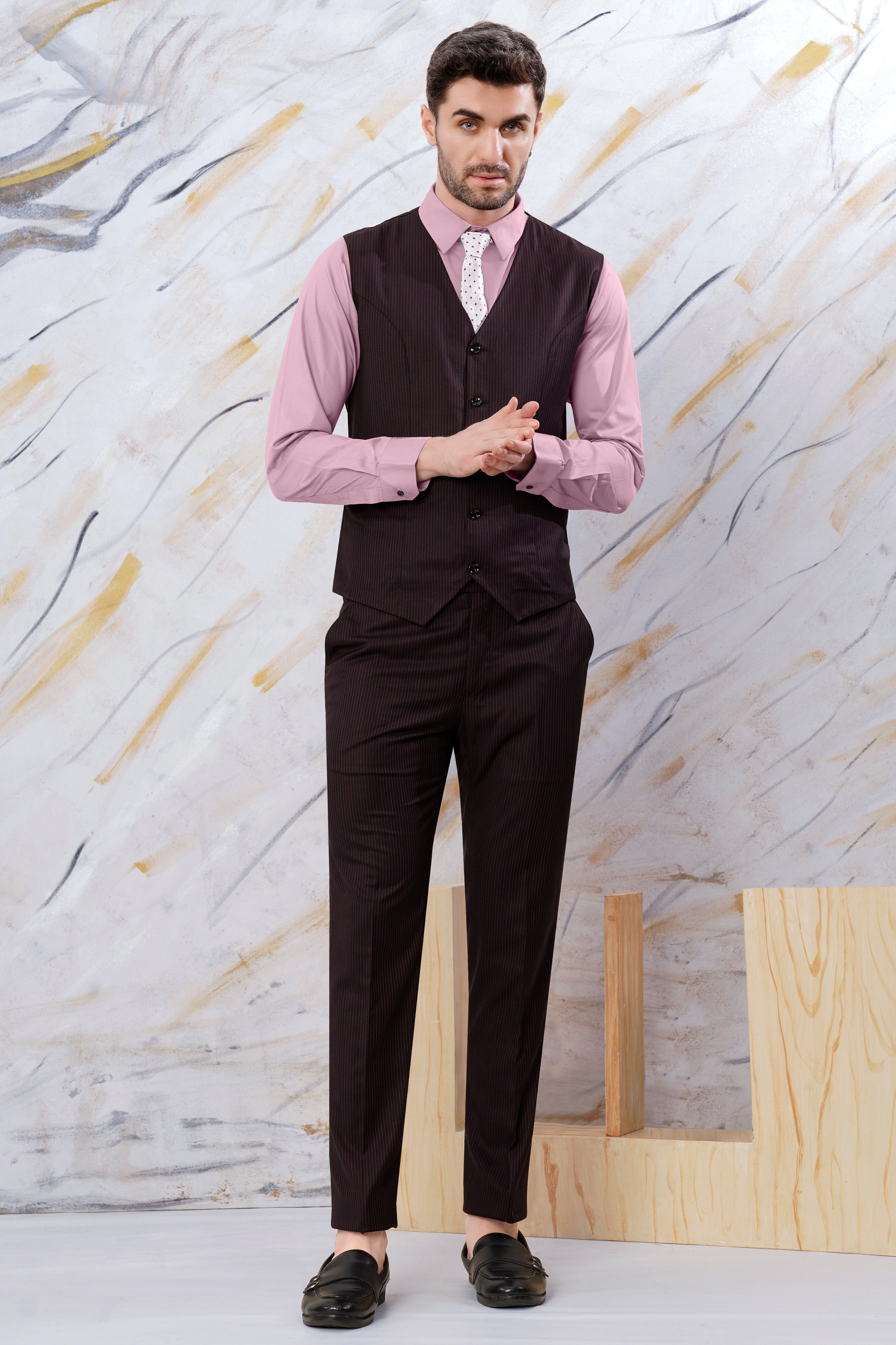 Onyx Maroon and Mandy Pink Striped Wool Rich Waistcoat