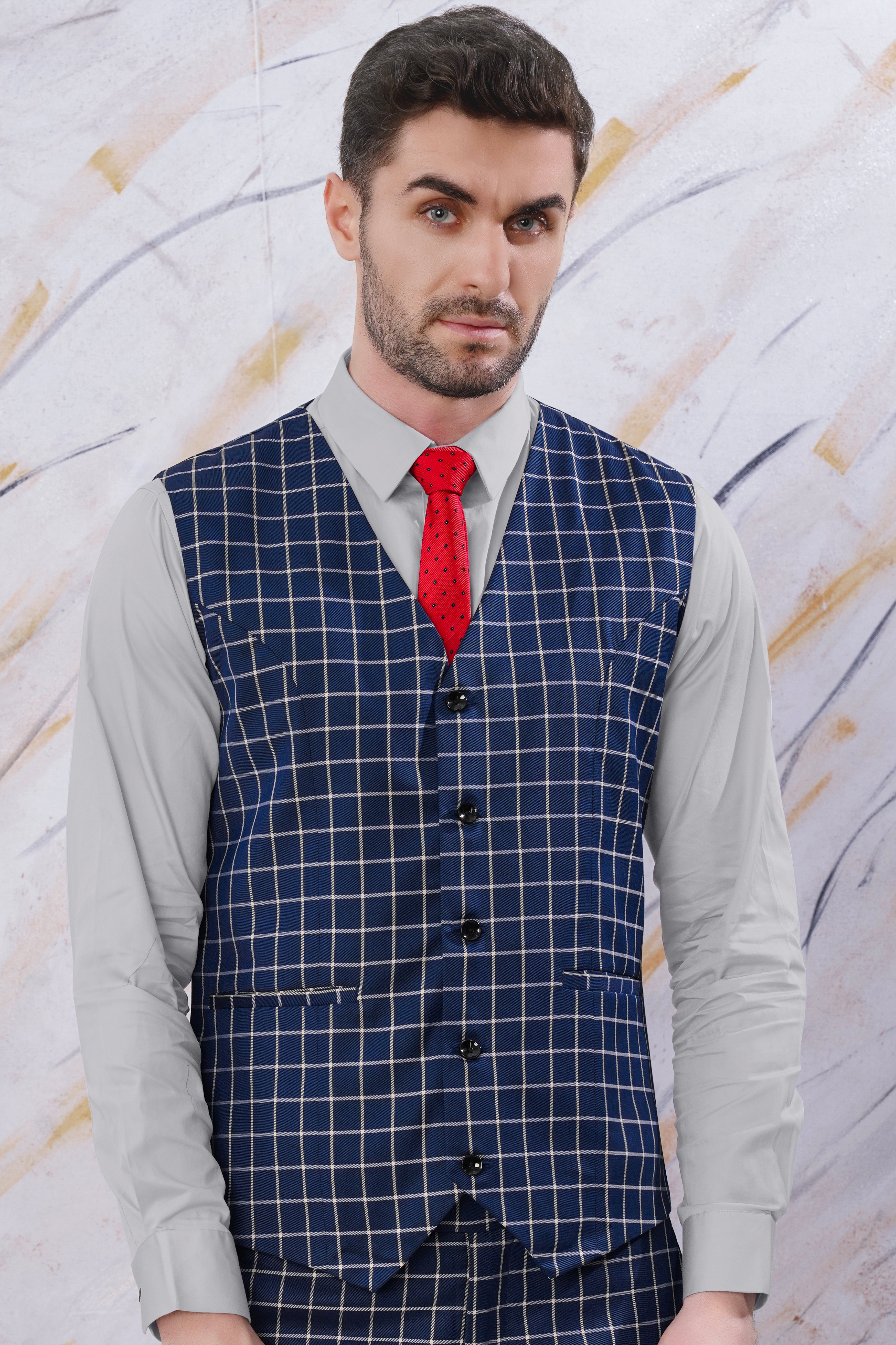 Marine Blue and White Windowpane Wool Rich Waistcoat