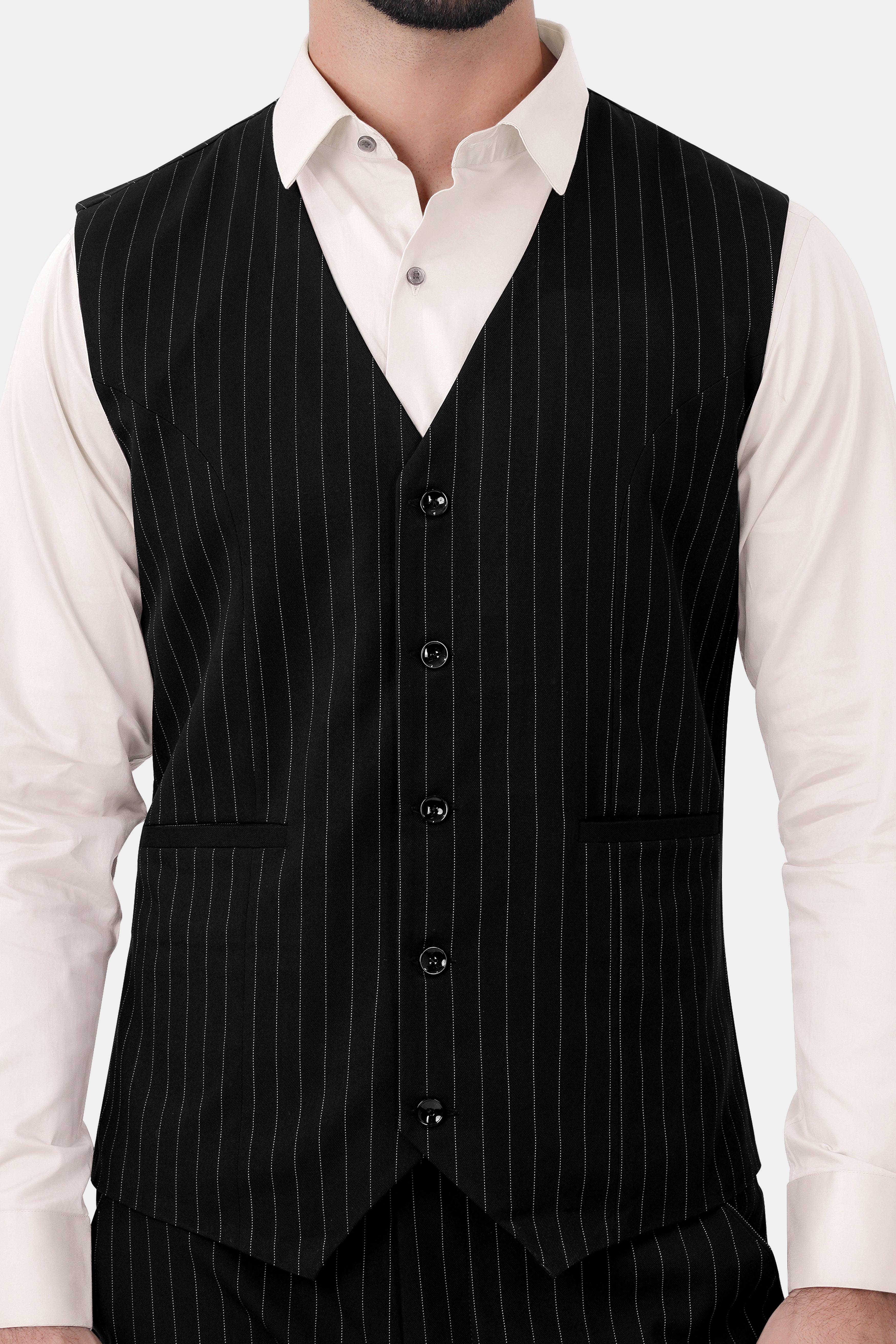 Jade Black and White Striped Wool Rich Waistcoat