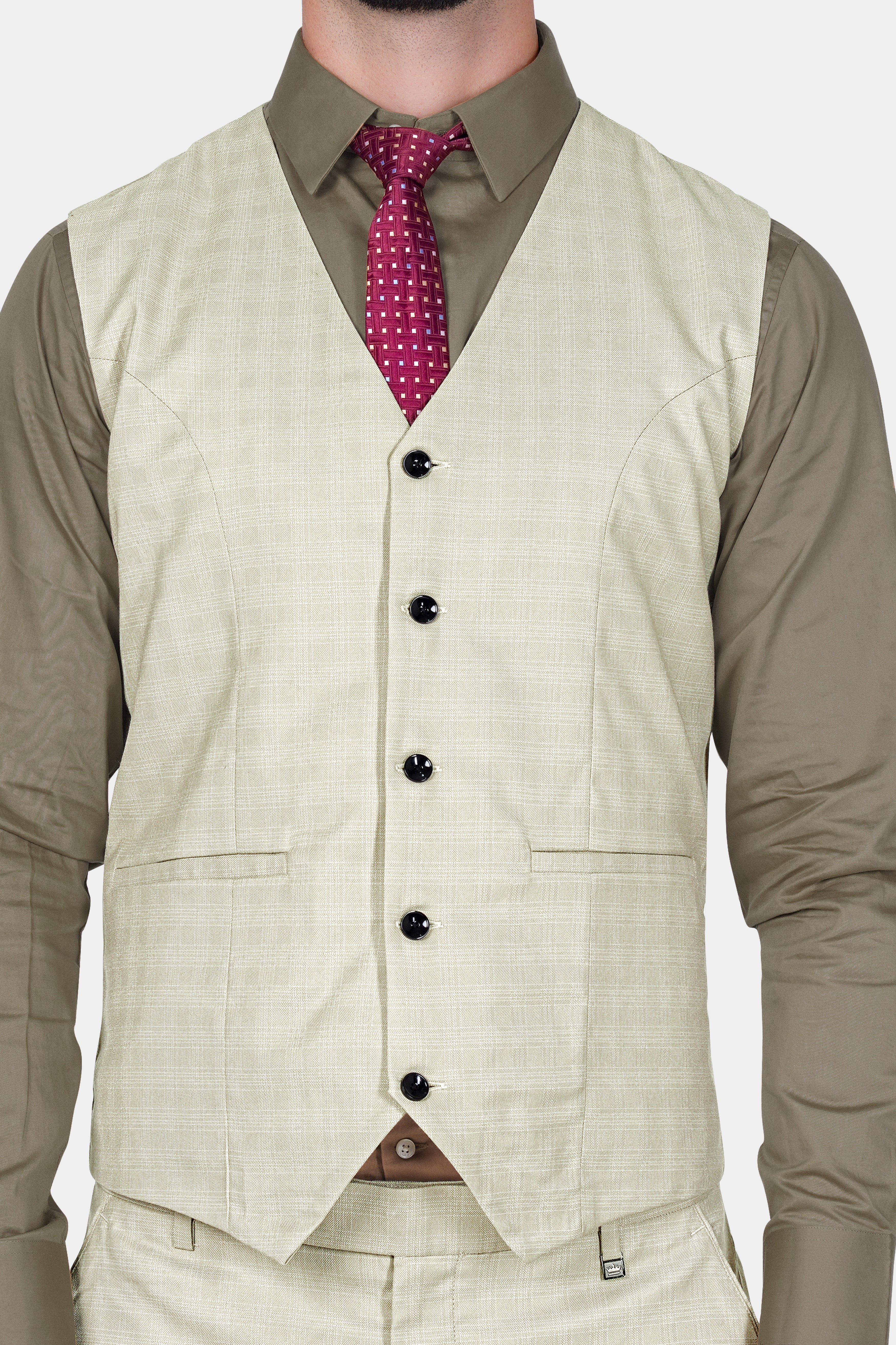 Bone Cream Subtle Plaid Wool Rich Waistcoat