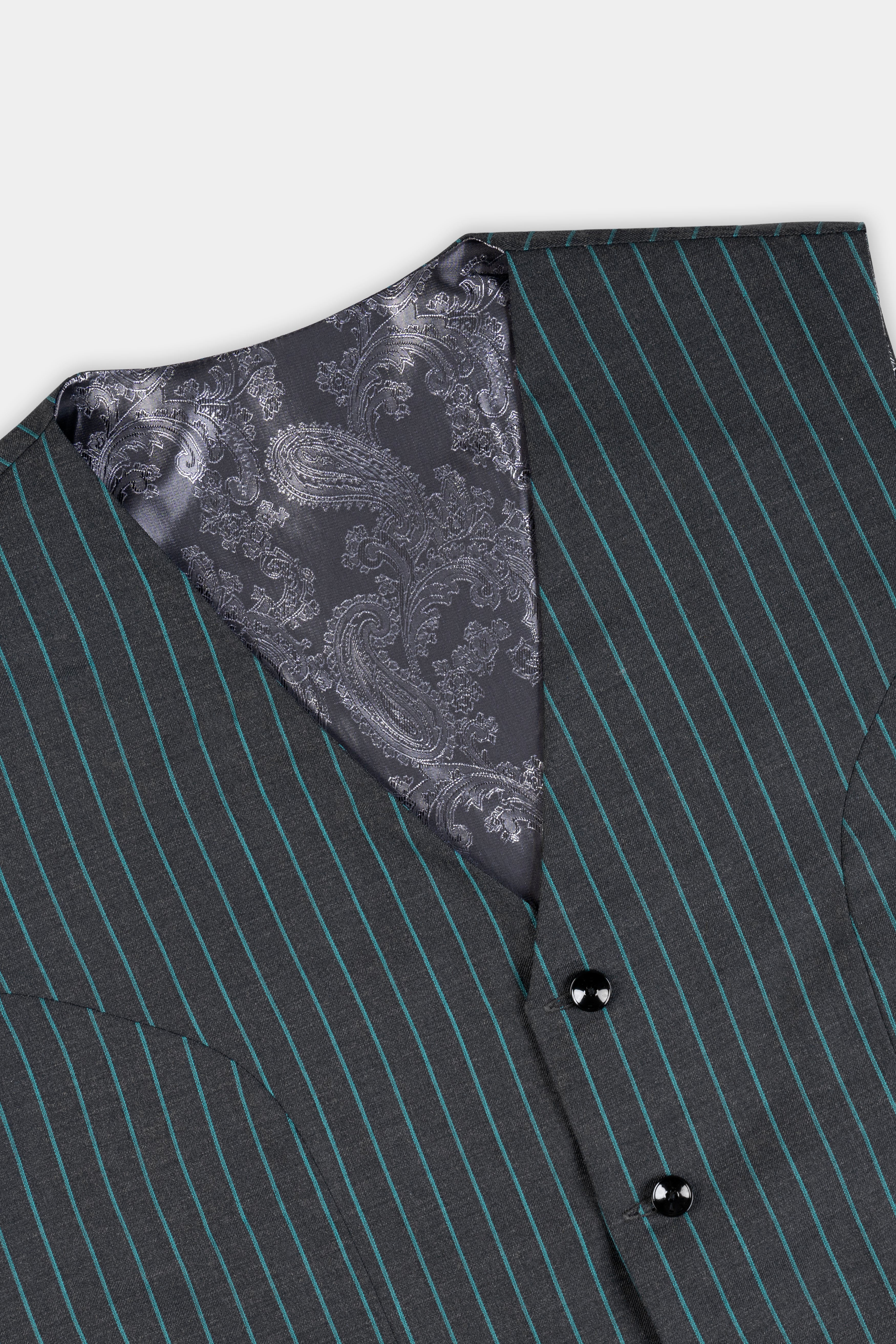 Gravel Gray and Lagoon Blue Striped Wool Rich Waistcoat